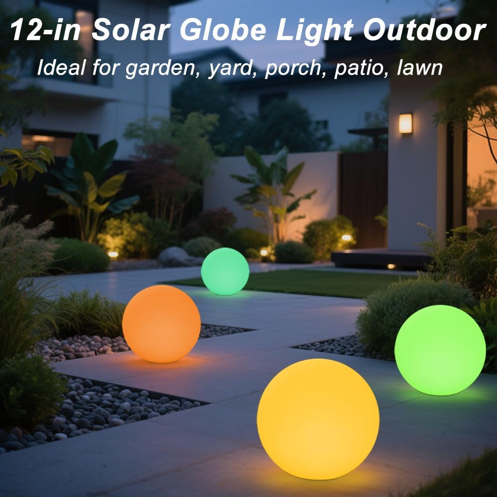 12 Inch Solar Glowing Ball Light Outdoor, Solar Garden Globe Light w/Remote, RGB Color Changing Waterproof Large LED Orb Lights, Landscape Lighting Mood Lamp w/Ground Stake for Patio Yard Lawn Path