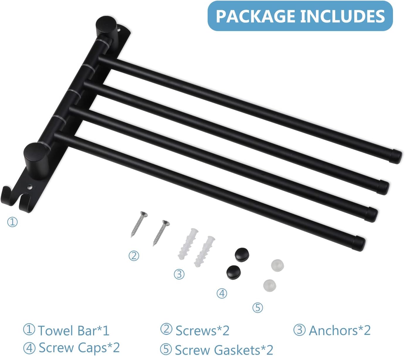 Black Towel Rack JSVER Swivel Towel Rack Wall Mounted, SUS304 Stainless Steel Towel Bar, 4 Arms Space Saving Towel Holder, Towel Racks for Bathroom
