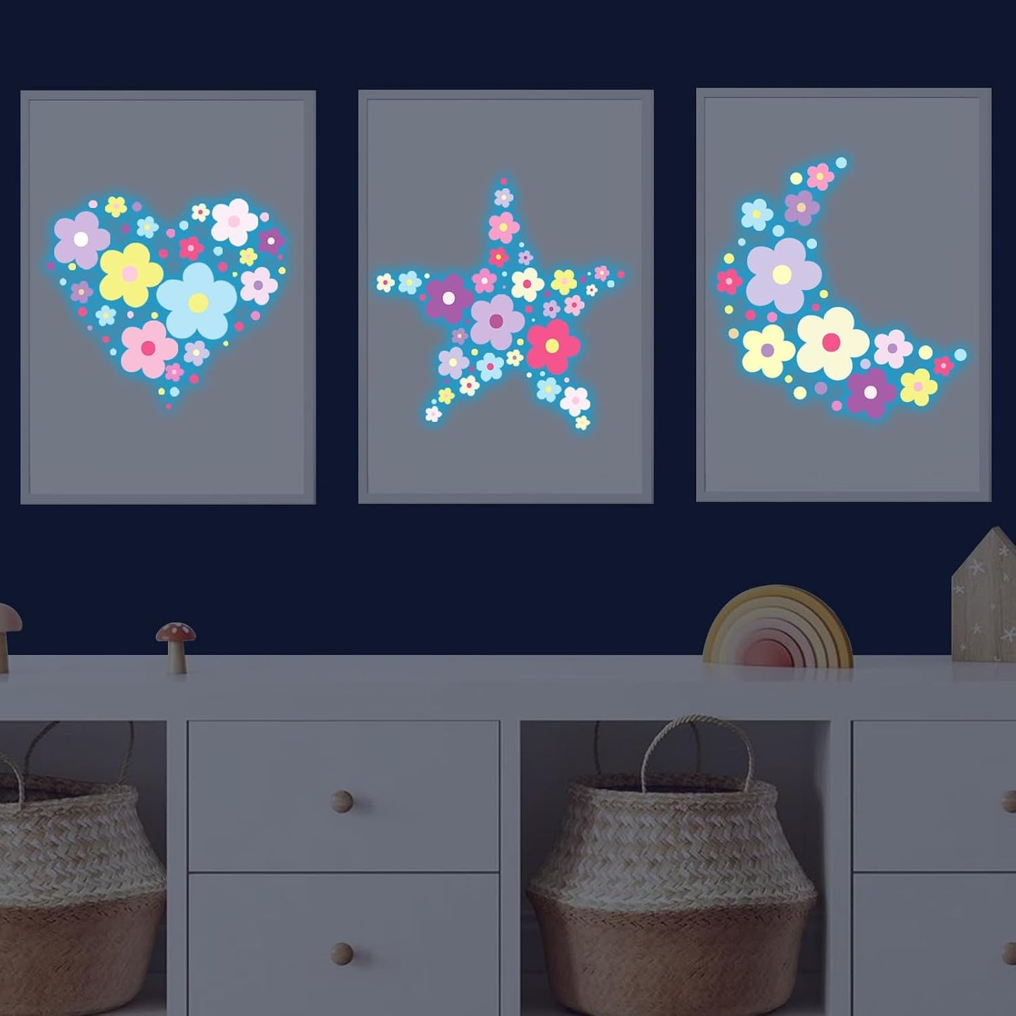 Glow in The Dark Y2k Cute Flowers Wall Decals,Glowing Luminous Colorful Floral Wall Stickers Colorful Removable self-Adhesive Preppy Hippie Stickers for Girls Bedroom