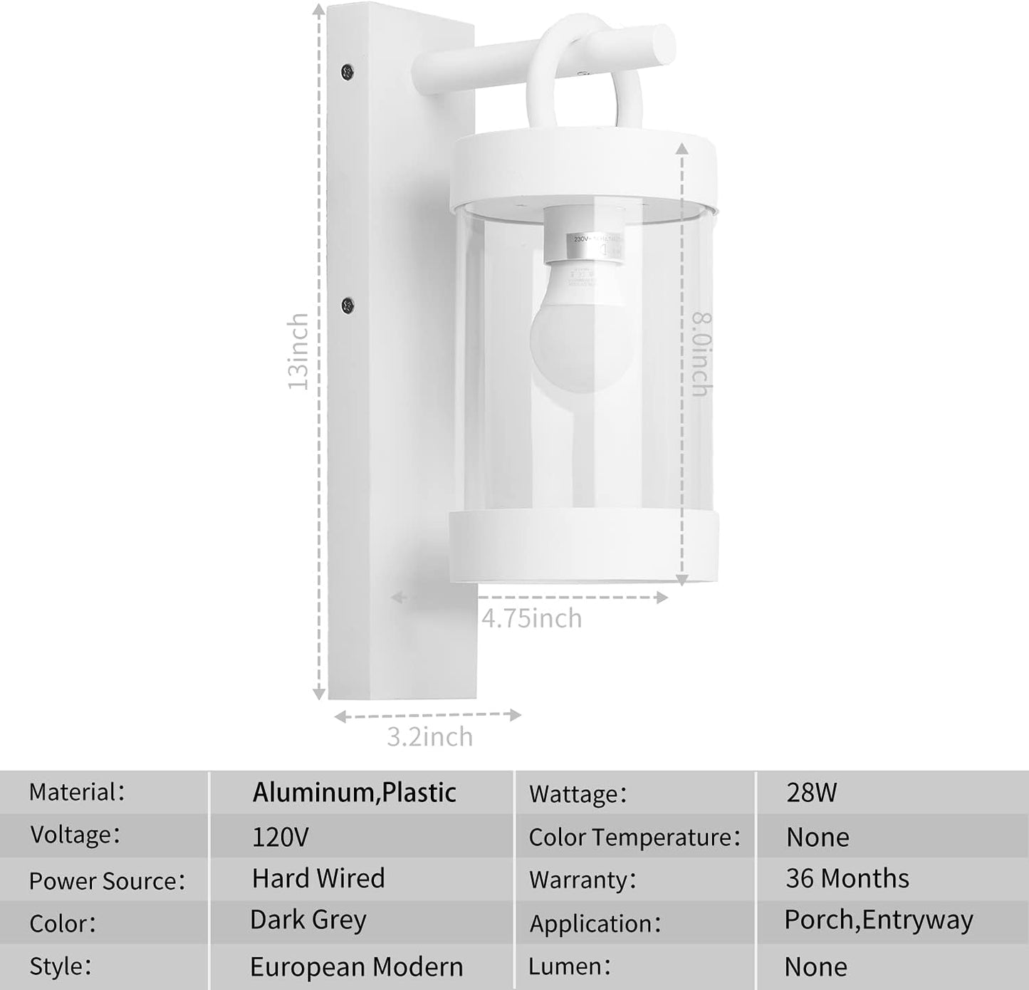 2 Pack Outdoor Wall Lantern with Dusk to Dawn Photocell Sensor,White Exterior Porch Light Fixture Wall Mount Lamp for House Garage Patio