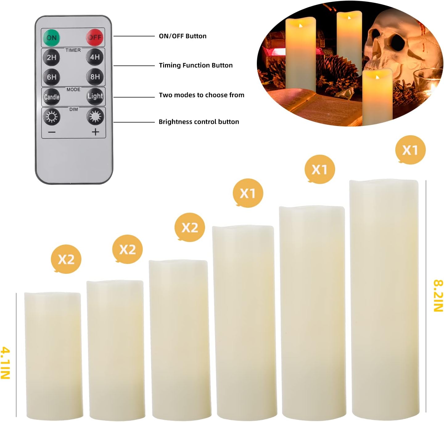 Flameless Battery Operated Led Candles-Set of 9(H 4" 5" 6" 7" 8" 9" x D 2.2") Real Wax Flickering Pillar LED Electric Candles with 10-Key Remote and 24 Hours Timer Ivory