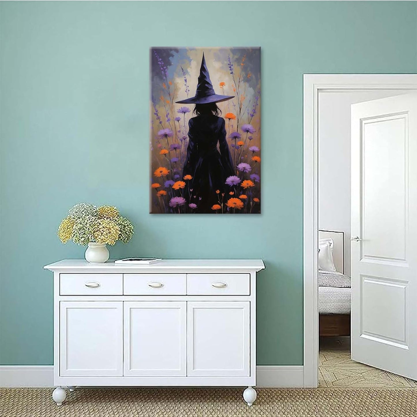 Country wildflower witch canvas print halloween mashup art witch purple decoration bohemian elegant art poster12x16in Wood Framed