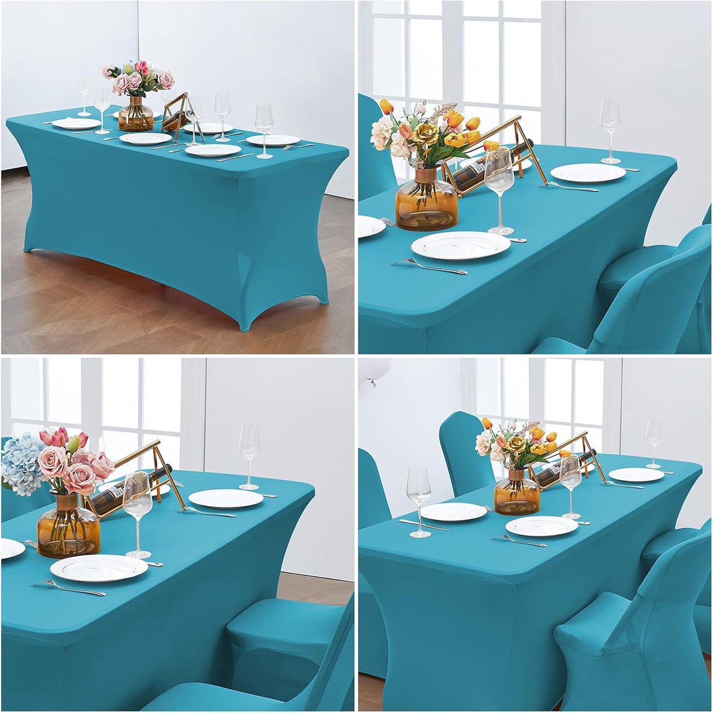 CWK 6FT Waterproof Stretch Spandex Table Cover for Rectangular Tables - Elastic Fitted Tablecloth for Folding Tables,Wrinkle Resistant Table Cloth for Parties, Weddings, Banquets & Events (Teal)