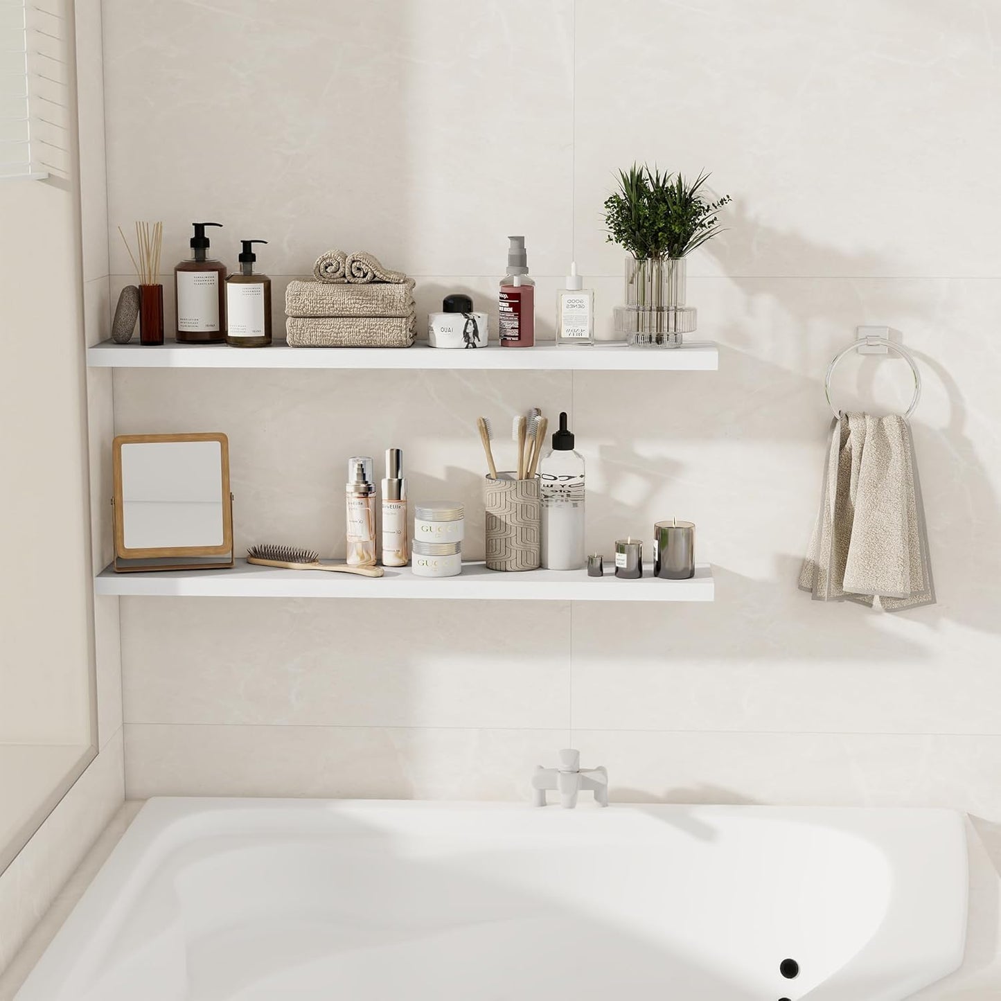 Floating Shelves for Wall, 40 Inch Floating Shelves for Home Decor, Wall Mounted Rustic Wood Shelves, Bathroom, Hanging Deep Shelf for Bedroom, Living Room, Kitchen (White, Set of 2)