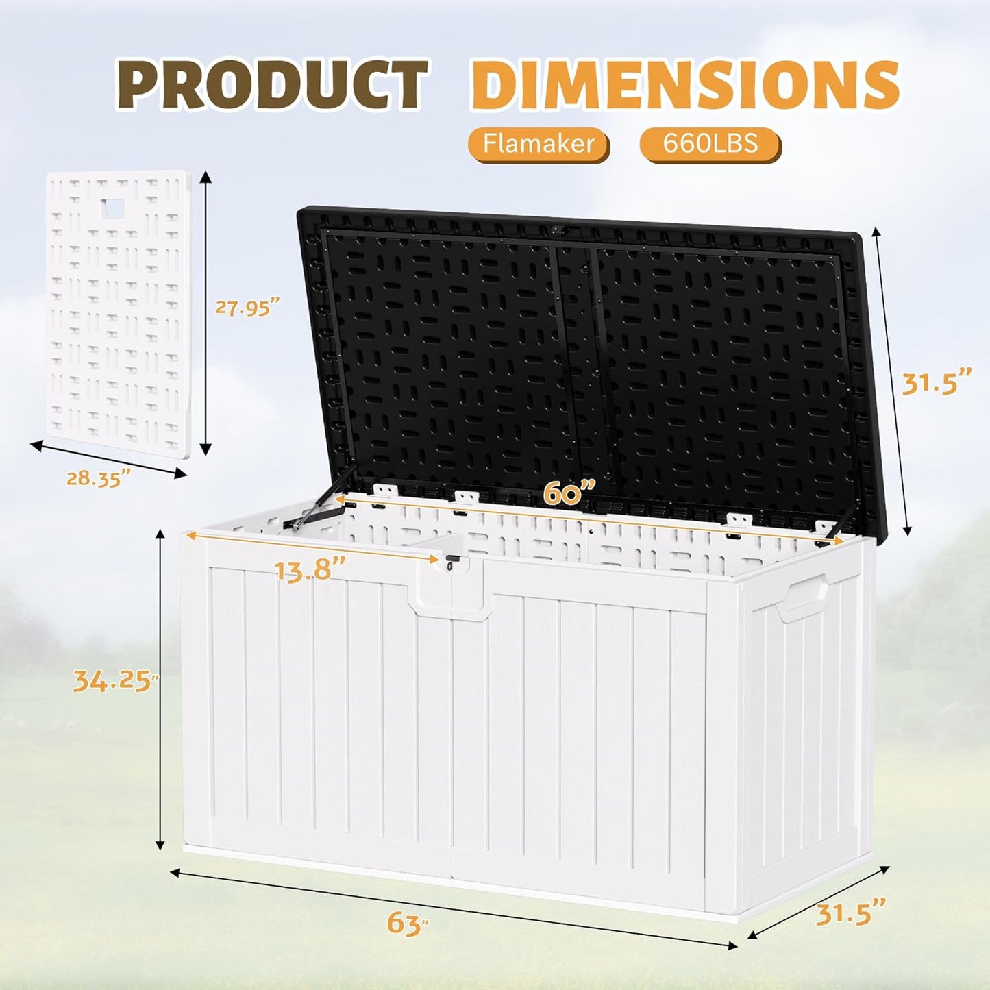 Flamaker Resin Deck Box 250 Gallon, Waterproof Imitation-Wood Lockable Storage Box with Separator Plate Outdoor Indoor, Garden, Patio Furniture for Tools&Pool Accessories (White with Black Cover)