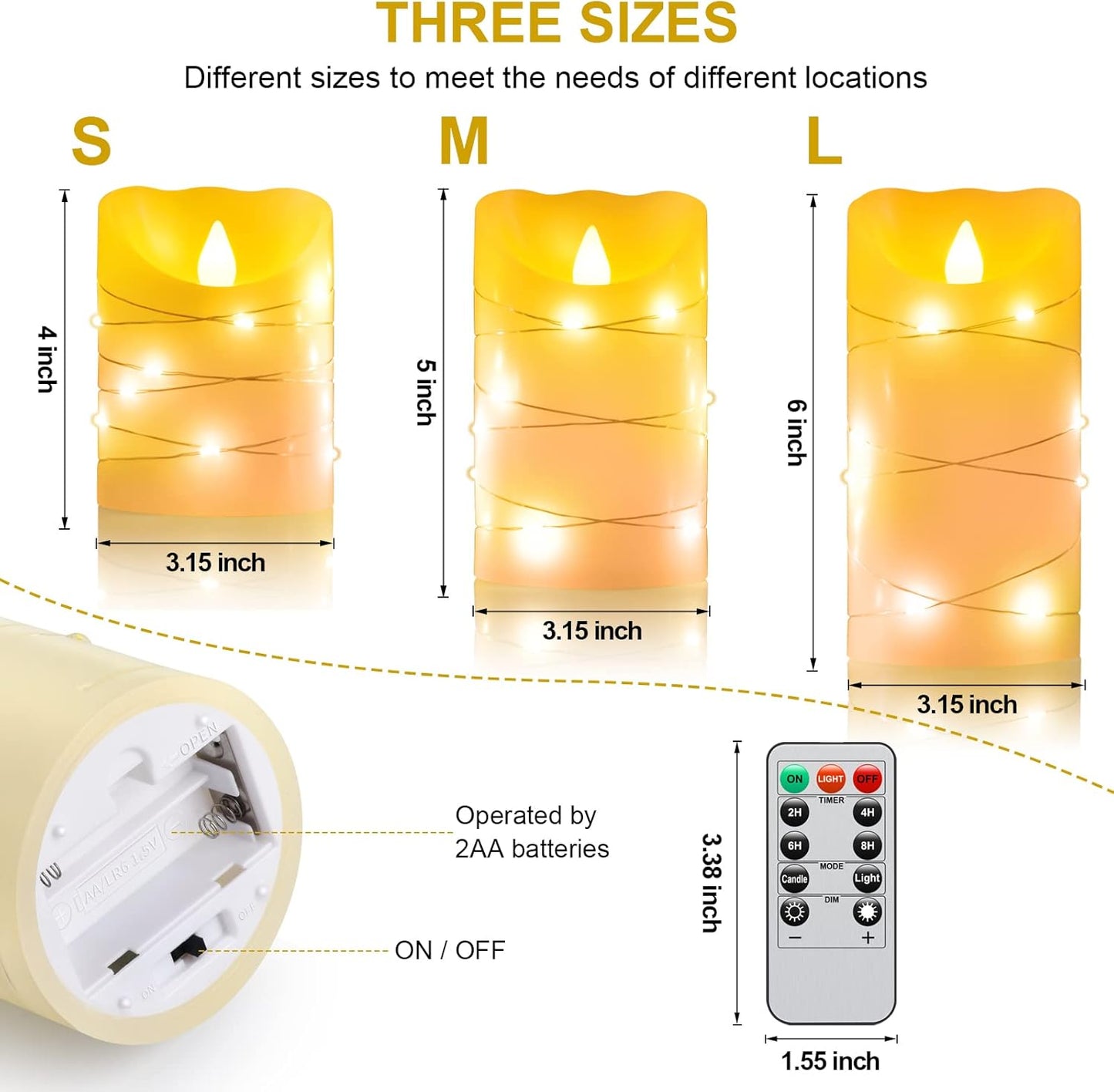 Flameless battery Operated LED candles with 11 Key remote control 24-hour timer Set of 3, With embedded string lights electric flickering pillar Real Wax ,Party, Wedding, Home Decoration(lvory)