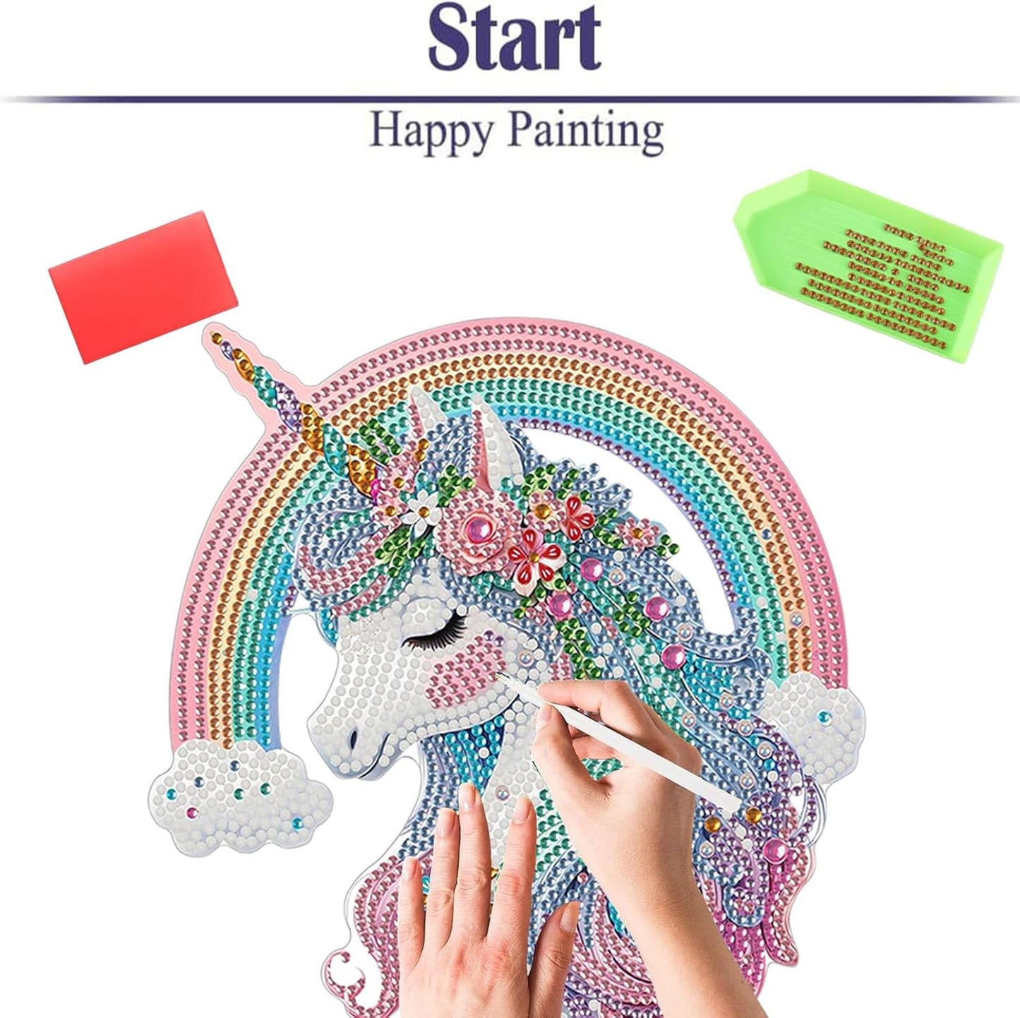 Diamond Painting Kits for Adults Beginners, 5D Full Drill Rainbow Pony Crystal Art Desktop Ornament, DIY Single Sided Home Office Desk Decor, Creative Craft Gift Set with Tools