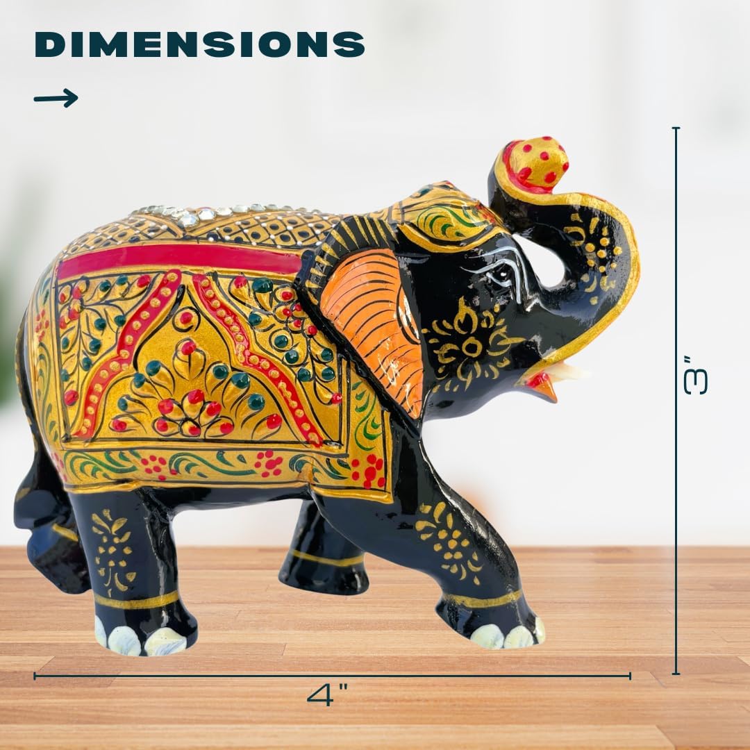 Handcrafted Wooden Elephant Figurine โ Traditional Artwork, Gold & Gemstone Embellishments โ Lucky Decorative Elephant Statue for Prosperity | Beautiful Elefantes Decorativos para Sala (Black & Gold)
