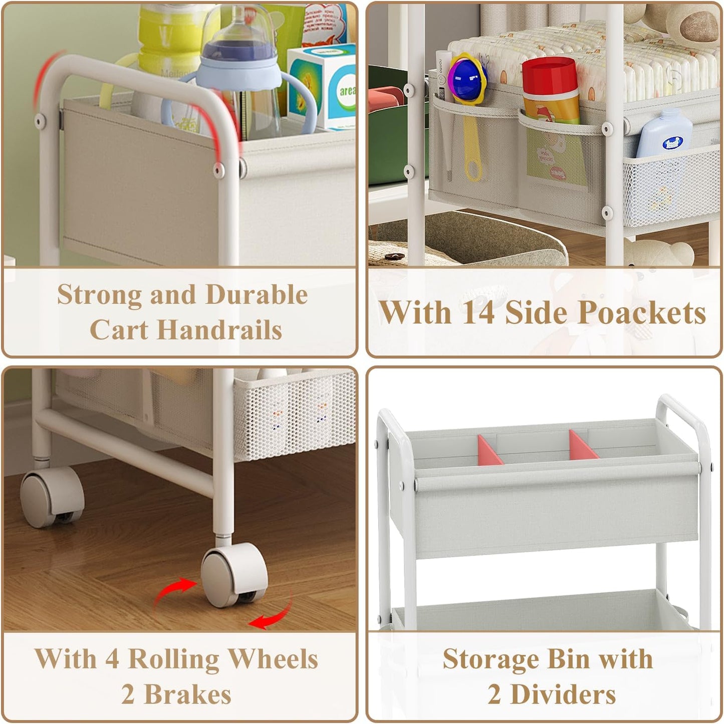 3-Tier Baby Diaper Caddy Cart Organizer,Mobile Nursery Organization with Wheels,with 2 Dividers & 14 Mesh Pockets Durable Metal Utility Cart for Nursery, Bedroom, Bathroom Essentials Organization