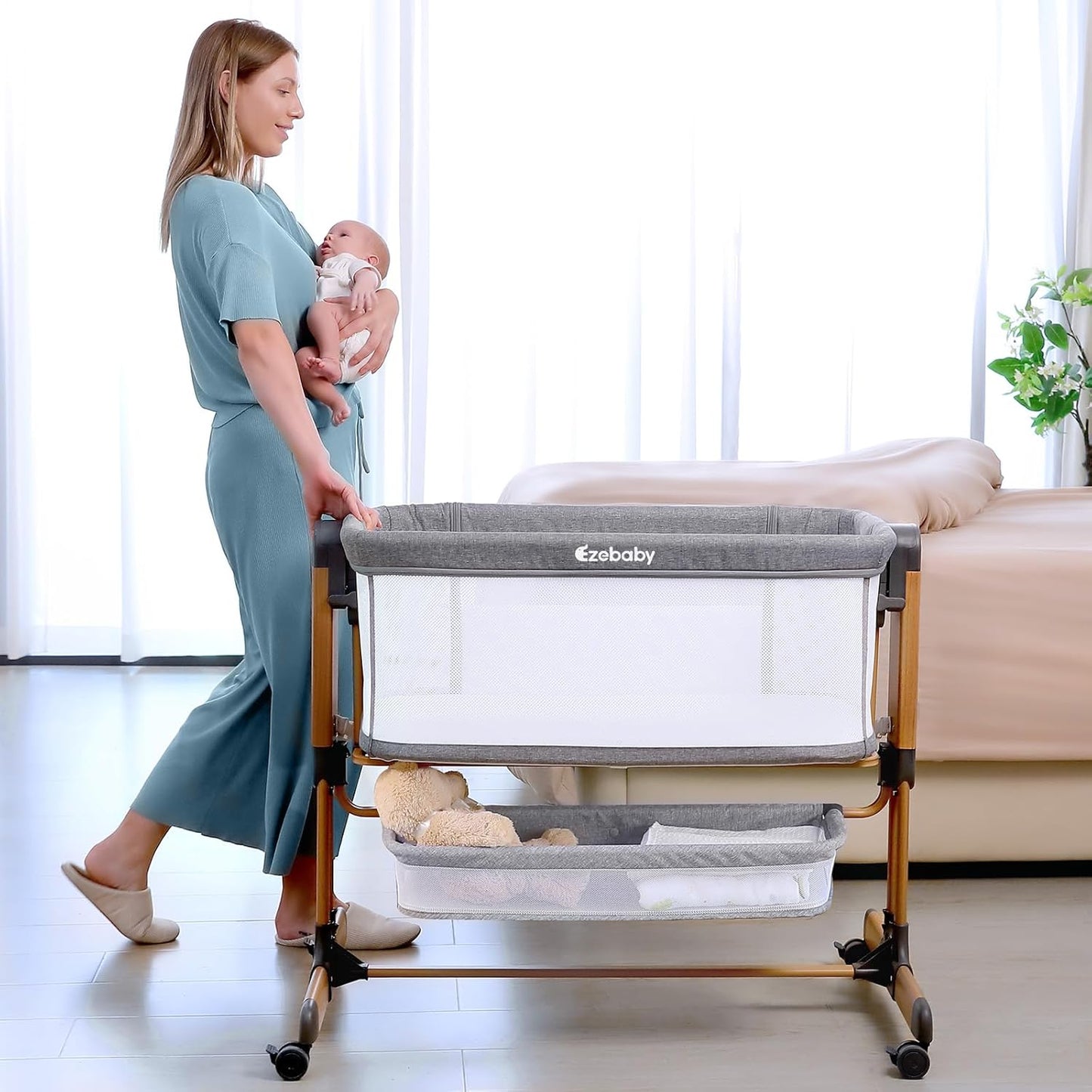 Ezebaby 3-in-1 Baby Bassinet, Rocking Baby Bassinets Bedside Sleeper, Adjustable Portable Crib for Newborn Infant with Wheels Storage Basket and Mesh Sides