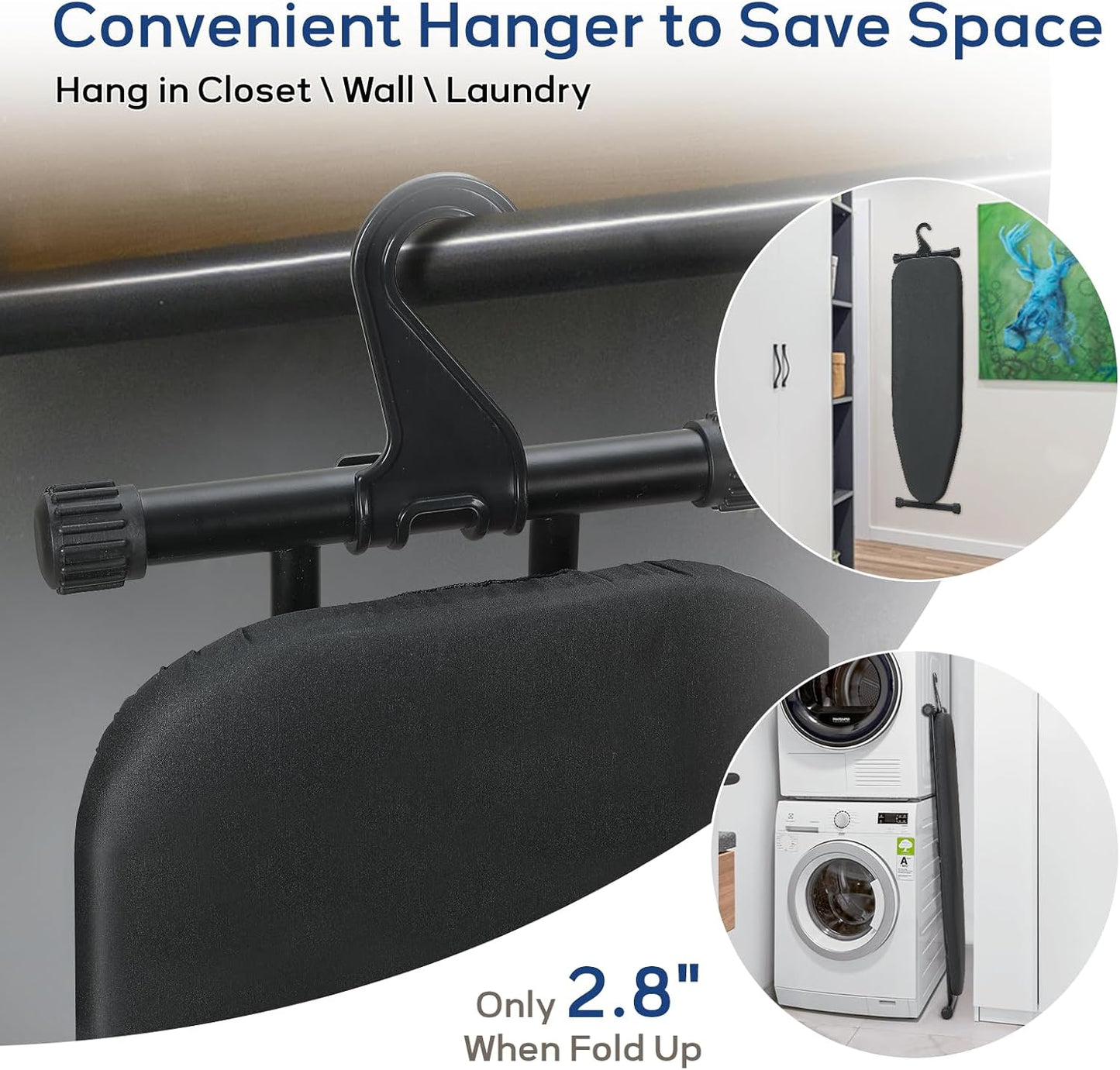 Ironing Board 43x13 with Iron Rest, RAINHOL Compact Iron Board Full Size with Thick Cover and Pad, Easy Storage Hanger with Heat-Resistant Silicone Pad, Space Saving and Height Adjustable, Black