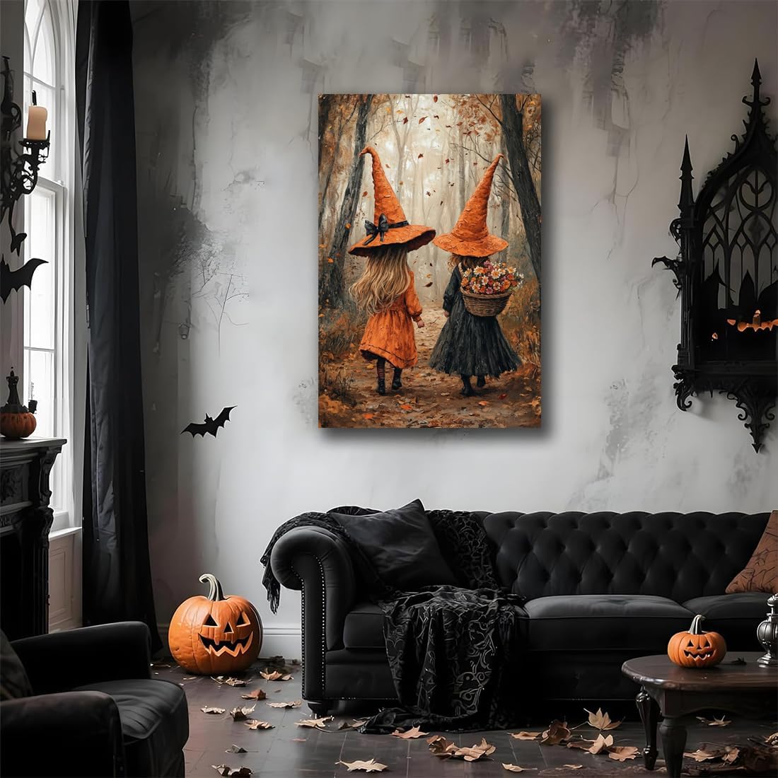 Fall Wall Art Witch Picture Decor,Little Girl Witch Halloween Wall Art, Vintage Autumn Whimsical Woodland Forest Picture, Family Room Nursery Playroom Children Room Decoration,20"x30" Framed