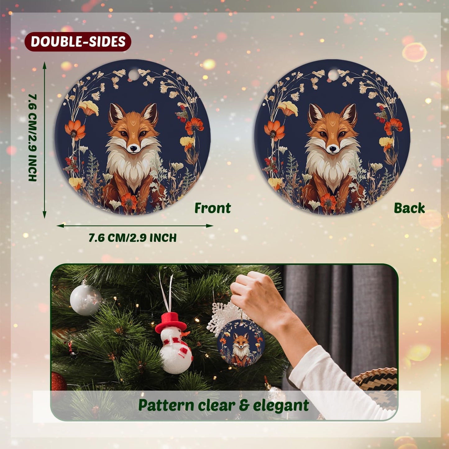 Fox Ornaments, Fox Decorations, Fox Gifts for Women, Botanical Fox Ceramic Ornaments, Fox Decorative Hanging Ornament