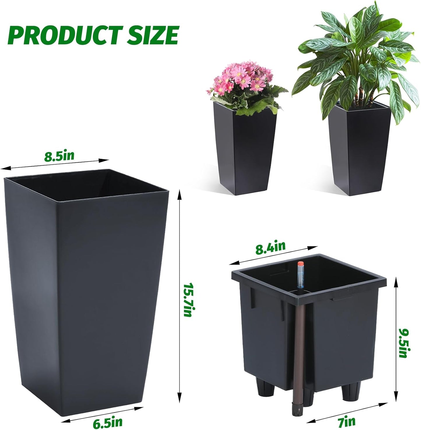 16" Tall Planters Set of 2, Outdoor&Indoor Black Planter Pots, High Front Porch Planter Pots with Drainage Holes&Water Level Monitor&Inner Bucket, Automatic Watering,Black