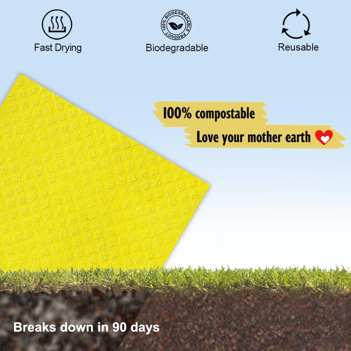 Swedish Dishcloths for Kitchen | 6 Pack Absorbent Cellulose Sponge Cloths Washable | Non-Scratch Reusable Paper Towels Quick Drying Cleaning Cloths - Yellow