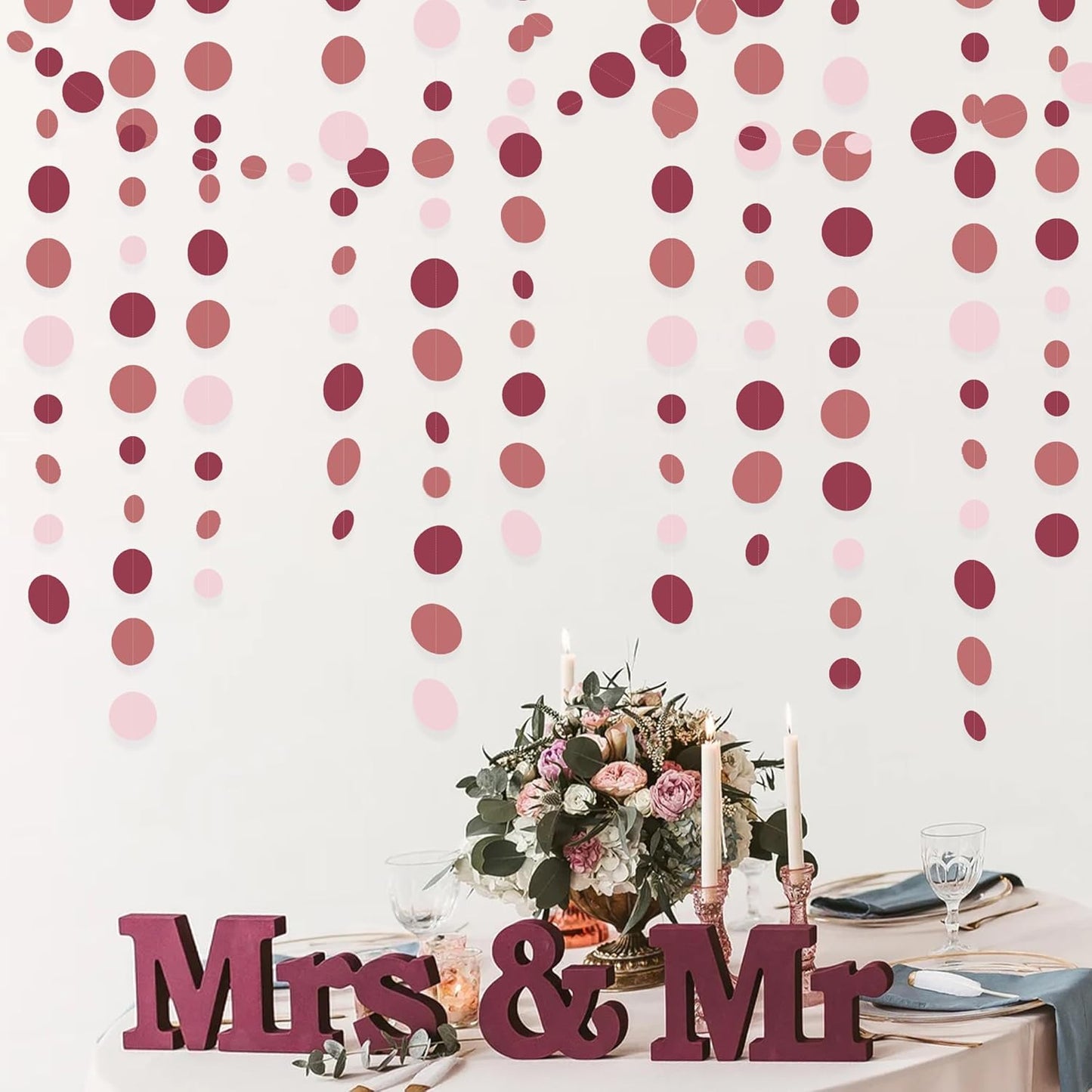 Burgundy Dusty Pink Decorations Circle Dot Garland Maroon Pink Hanging Polka Dot Streamer Banner for Wedding Birthday Bridal Shower Engagement Baby Shower Graduation Anniversary Garnet Party Supplies