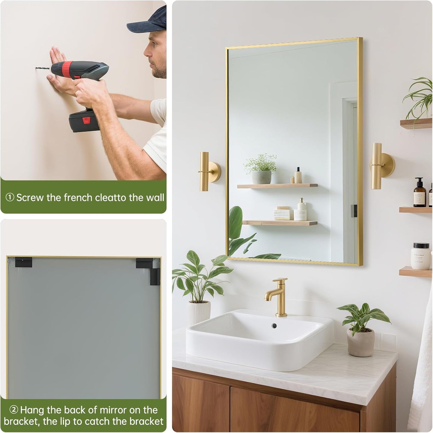 FARMER 20x28 Inch Gold Bathroom Mirror, Rectangle Wall Mounted Mirror, Vanity Mirror, Brushed Square Mirror, Framed Bathroom Mirror for Bedrooms, Entryways, Living Rooms, Horizontal/Vertical