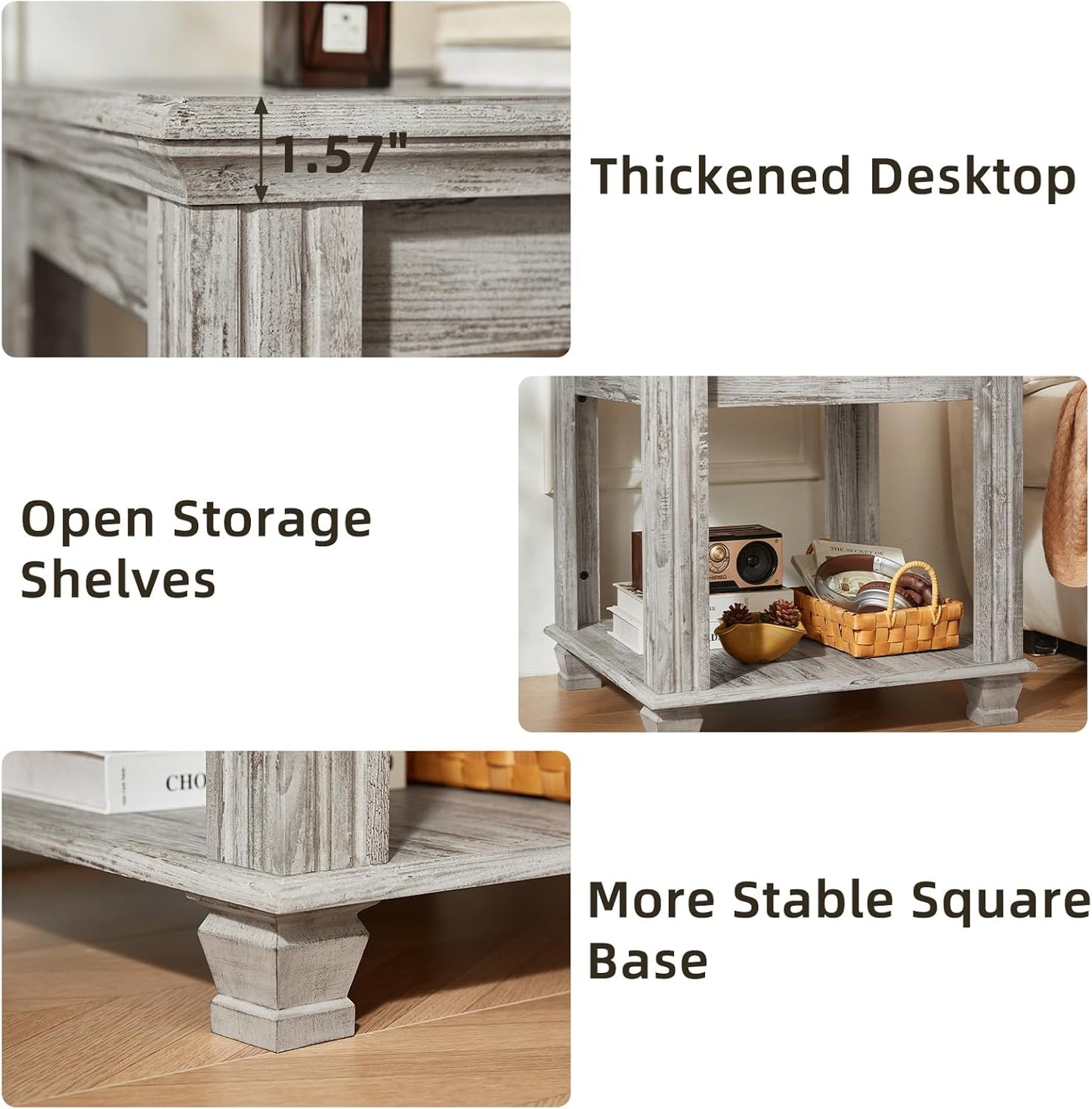 Farmhouse End Table,Large Side Table with 2-Tier Storage Shelf,Rustic Wood End Tables for Living Room,Square Tea Table,Gray