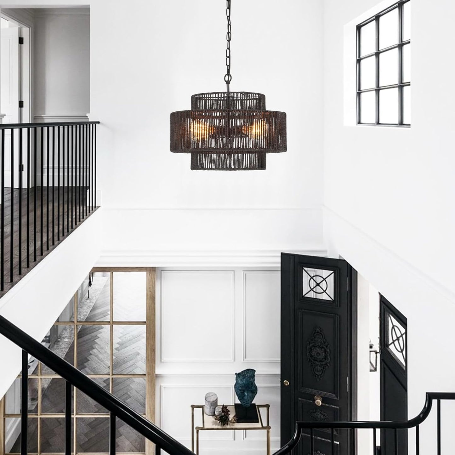 17.7" Rattan Chandelier Light Fixture Vintage 4-Lights Farmhouse Boho Hand-Woven Bamboo Chandelier Retro 3-Tier Drum Wicker Rattan Black Chandeliers for Dining Room, Kitchen, Bedroom,Foyer