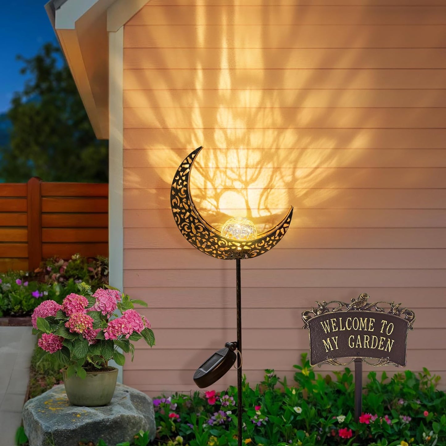 2Pack Moon Garden Solar Lights Outdoor Stakes Waterproof, Gifts for Mom, Crackle Glass Patio, Backyard Decorations, Balcony Lawn Ornaments, for Women Men Grandma (Bronze)