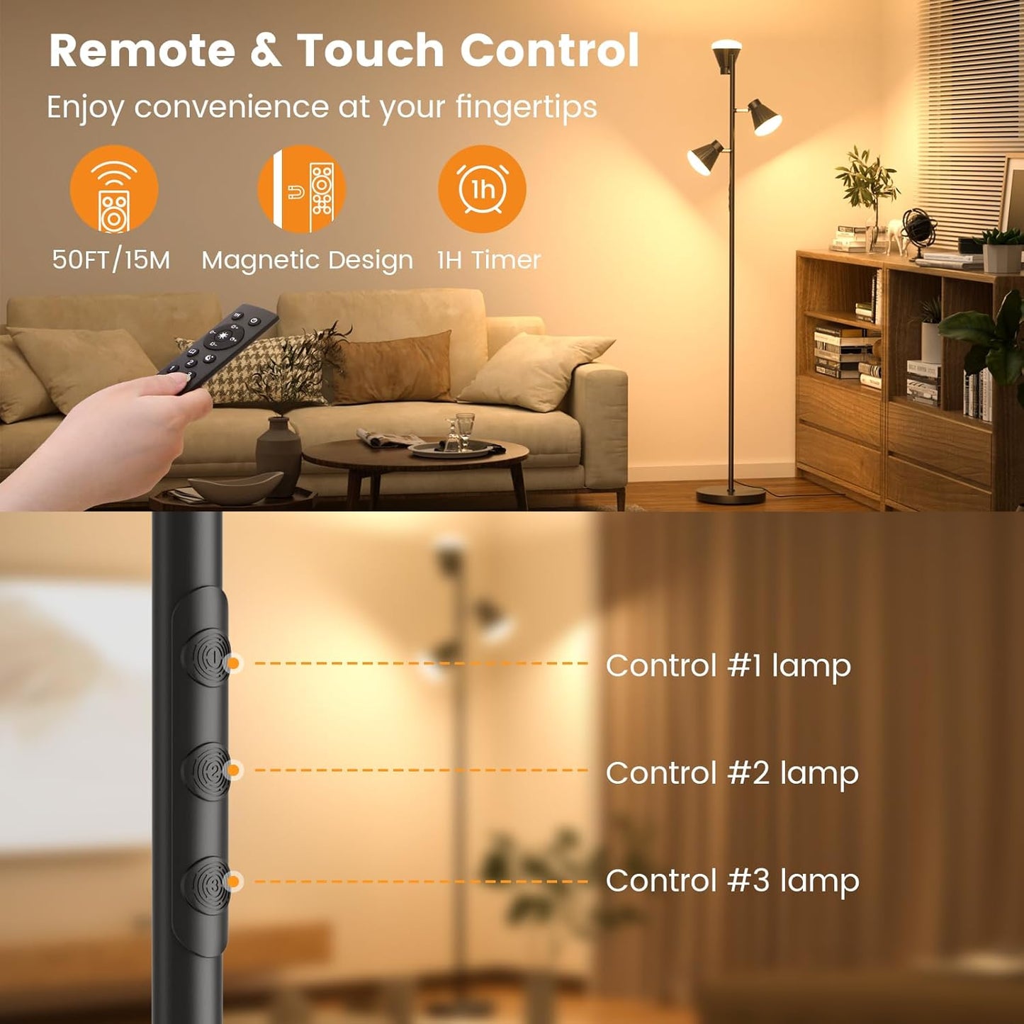 36W LED Tree Floor Lamp, Dimmable Tall Standing Lamp with Remote & Touch Control, 4 Color Temperatures Bright Floor Lamp, 3 Rotatable Light Modern Floor Lamps for Living Room Bedroom Office