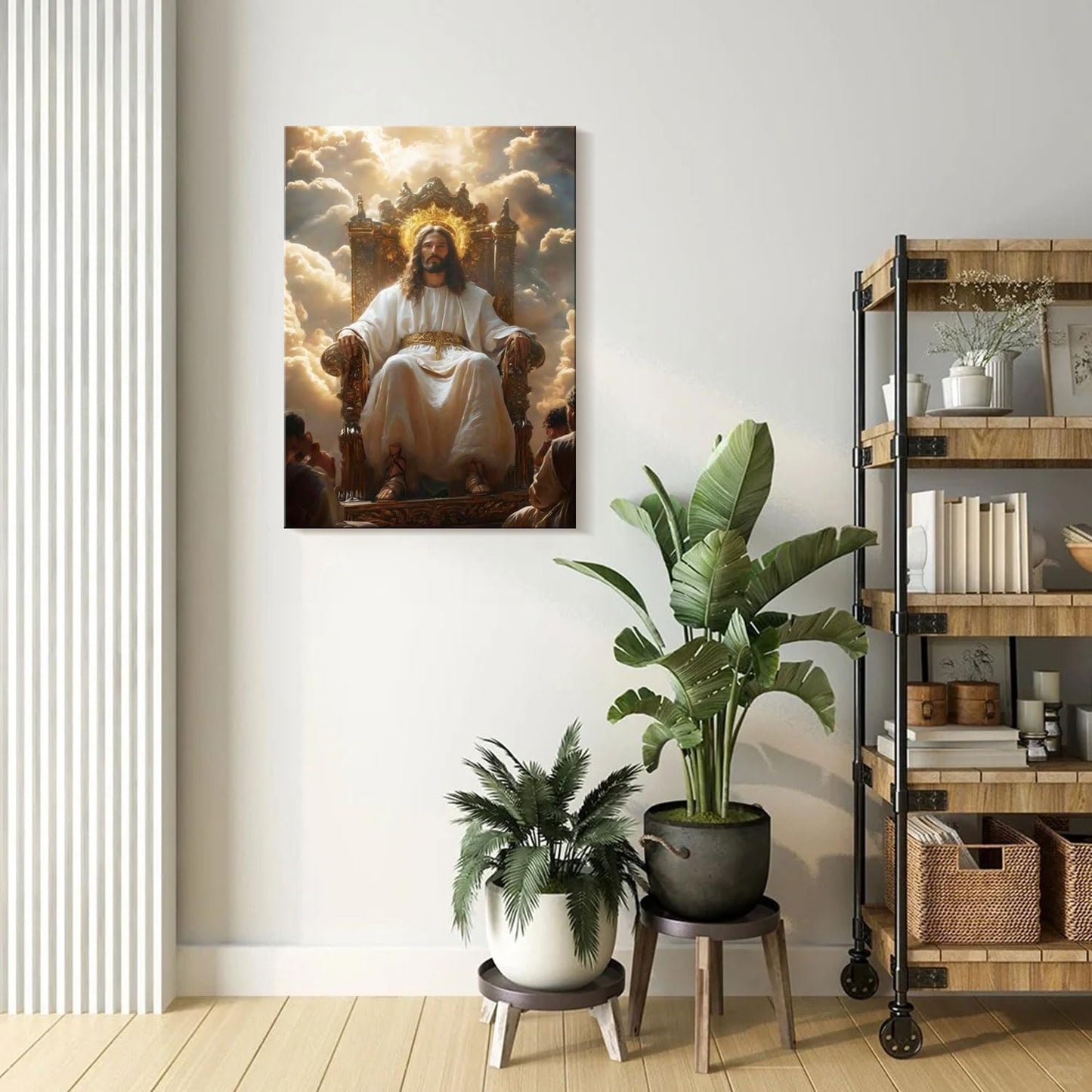 Framed Canvas Wall Art Painting Jesus Sitting on the Throne Religious Poster Faith Revelation Gallery Picture Print for Living Room Bedroom Church Decor 12x16 Inch Ready to Hang