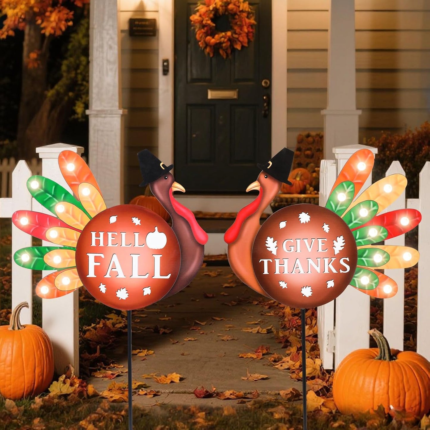 2 PCS Happy Fall Yard Signs Metal Thanksgiving Decorative Garden Stakes with Led Light Turkey Give Thanks Yard Stakes Fall Harvest Lawn Garden Lawn Pathway Decor
