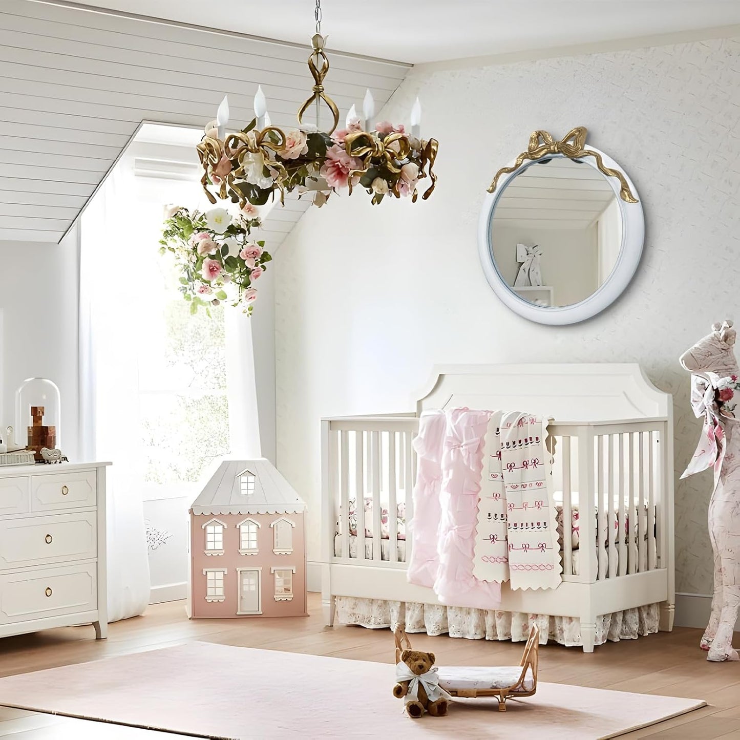 28 inch Round/Circle Wall Mirror, Vanity Bow Mirror for Wall Decor, Decorative Antique White&Gold Bathroom Mirrors, Traditional Art Home Decor for Dressing Table, Living Room, Bedroom