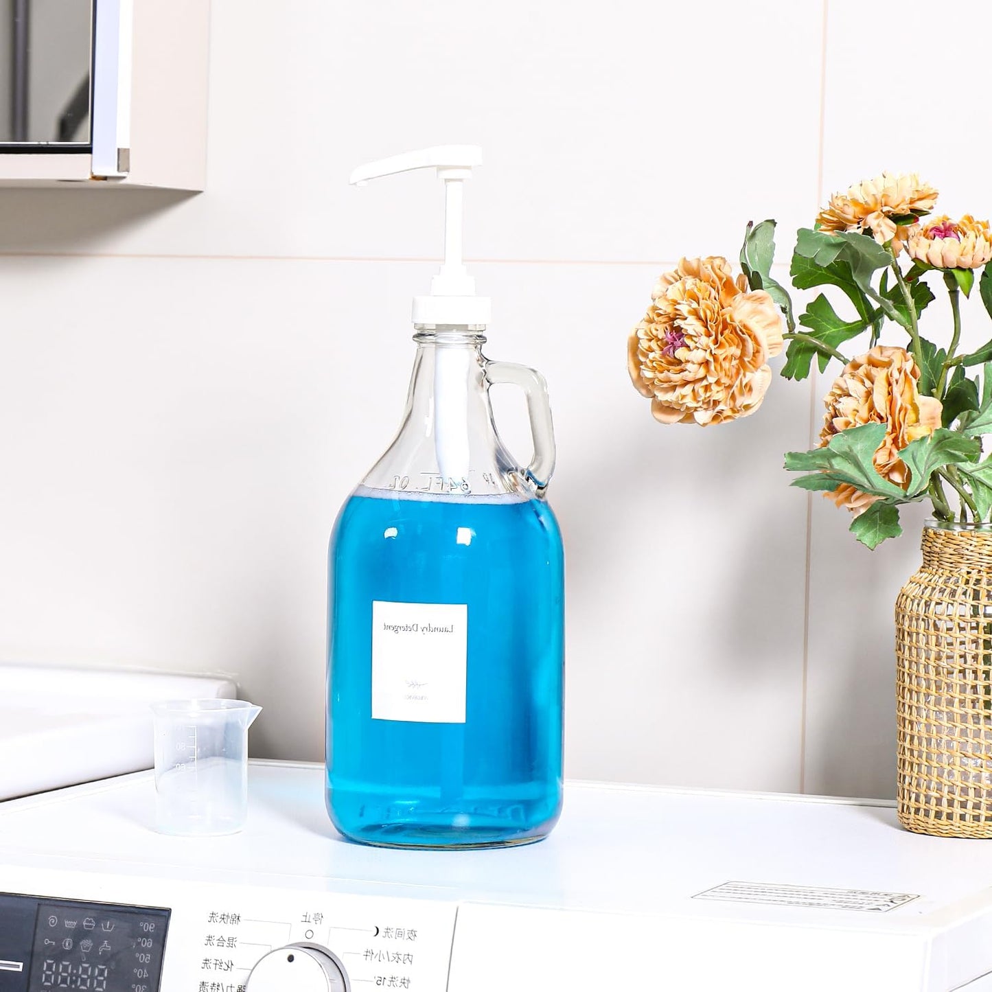 Glass Laundry Detergent Dispenser with Pump, 64OZ Liquid Laundry Soap Dispenser, Fabric Softener Dispenser Bottle for Laundry Room Organization and Storage, 2 Pack