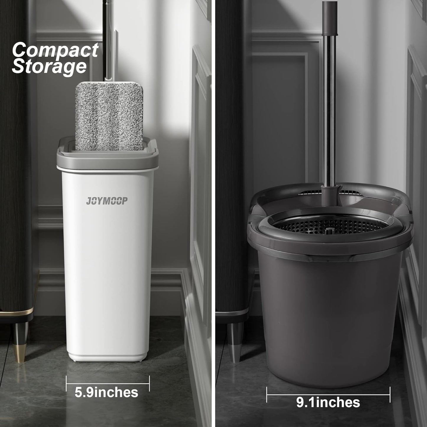 JOYMOOP Mop and Bucket with Wringer Set, Hands Free Flat Floor Mop and Bucket, 60" Mop with 4 Reusable Microfiber Pads, Wet and Dry Use, Floor Cleaning System