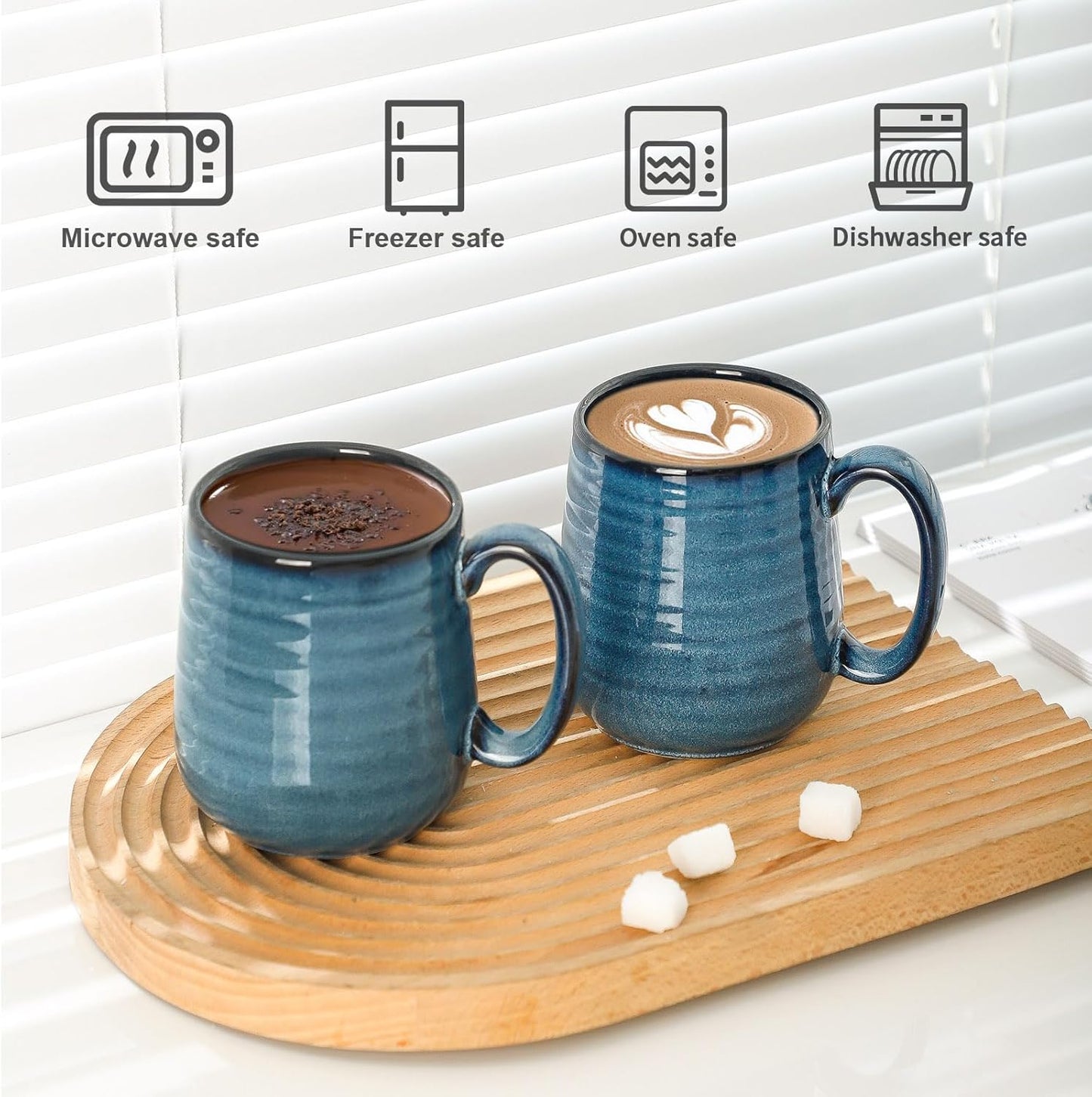 Hasense Porcelain Coffee Mugs Set of 6, 15 Ounce Large Ceramic Coffee Cups Set with Handle for Latte, Tea, Cocoa and Hot Chocolate, Blue Coffee Mugs for Men and Women, Microwave Safe