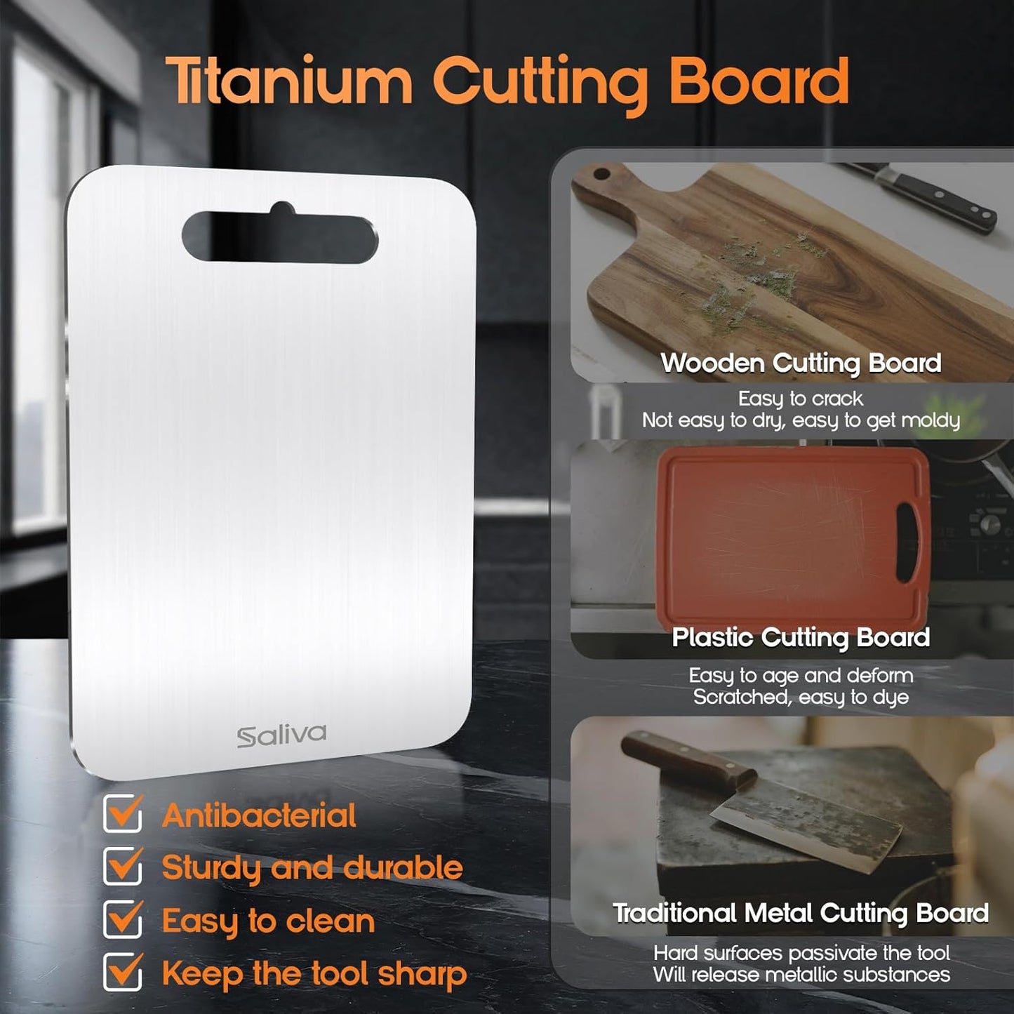 Saliva Titanium Cutting Boards for Kitchen, Cutting Board Double Sided Food Grade, Dishwasher Safe, No Blunt Knife, Chopping Boards with Handle for Meat, Fruit & Vegetable (12x9in)