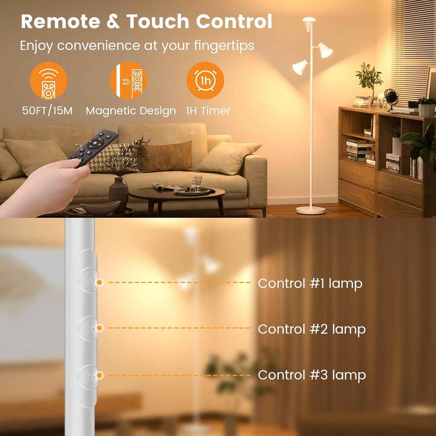 36W LED Tree Floor Lamp, Dimmable Tall Standing Lamp with Remote & Touch Control, 4 Color Temperatures Bright Floor Lamp, 3 Rotatable Light Modern Floor Lamps (White)