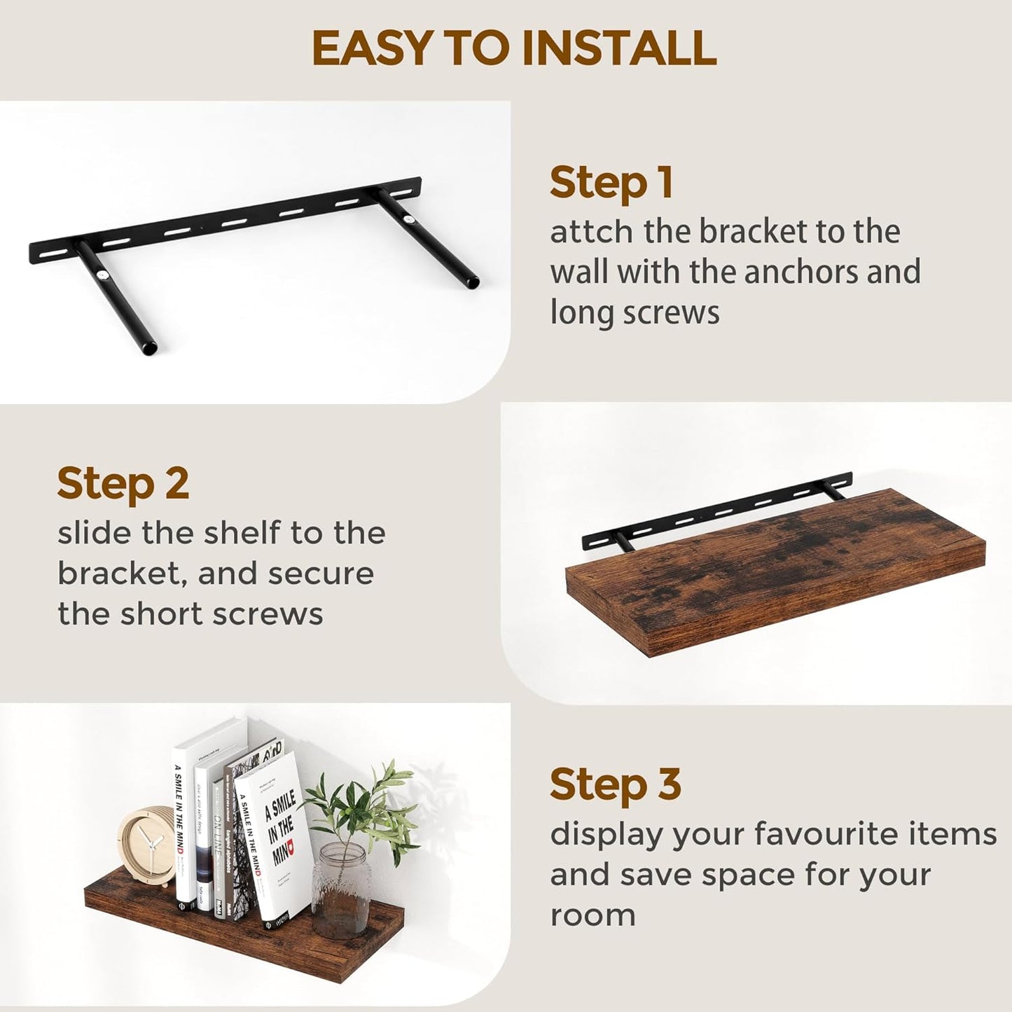 Fun Memories 16 Floating Shelves, 9 Inch Deep Wall Shelf for Bathroom, Rustic 16 x 9 Floating Shelf for Kitchen, Bedroom, Wide Wooden Shelves Wall-Mounted, Rustic Brown Color, Set of 2