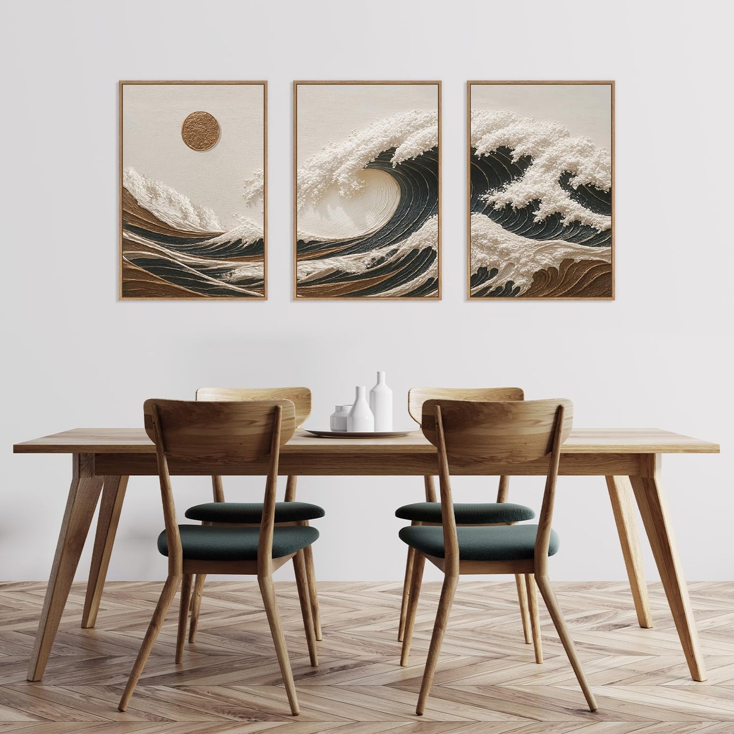 HLNIUC Sea Wave Framed Canvas Wall Art,Abstract Sun Seascape Wall Decor Set of 3(16”x24”) Large Modern Ocean Beach Art Print,Great Wave Sunset Pictures Canvas Famed Painting for Living Room,Bedroom