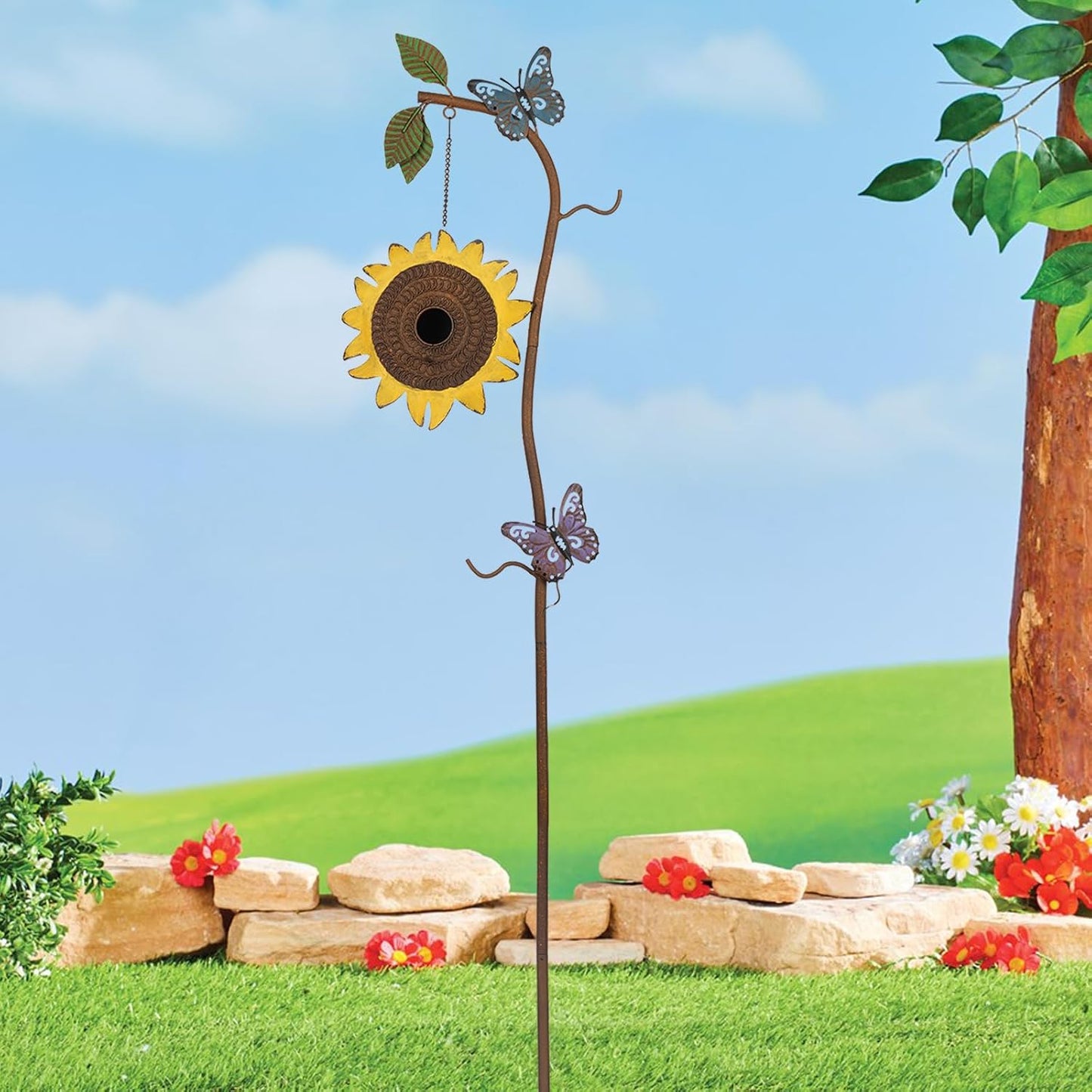 BAYN 57” Bird Houses Stake for Outside, Metal Wild Bird Feeder Birdhouse Stake Pole with Sunflower Design Outdoor Decorations for Patio, Backyard, Garden