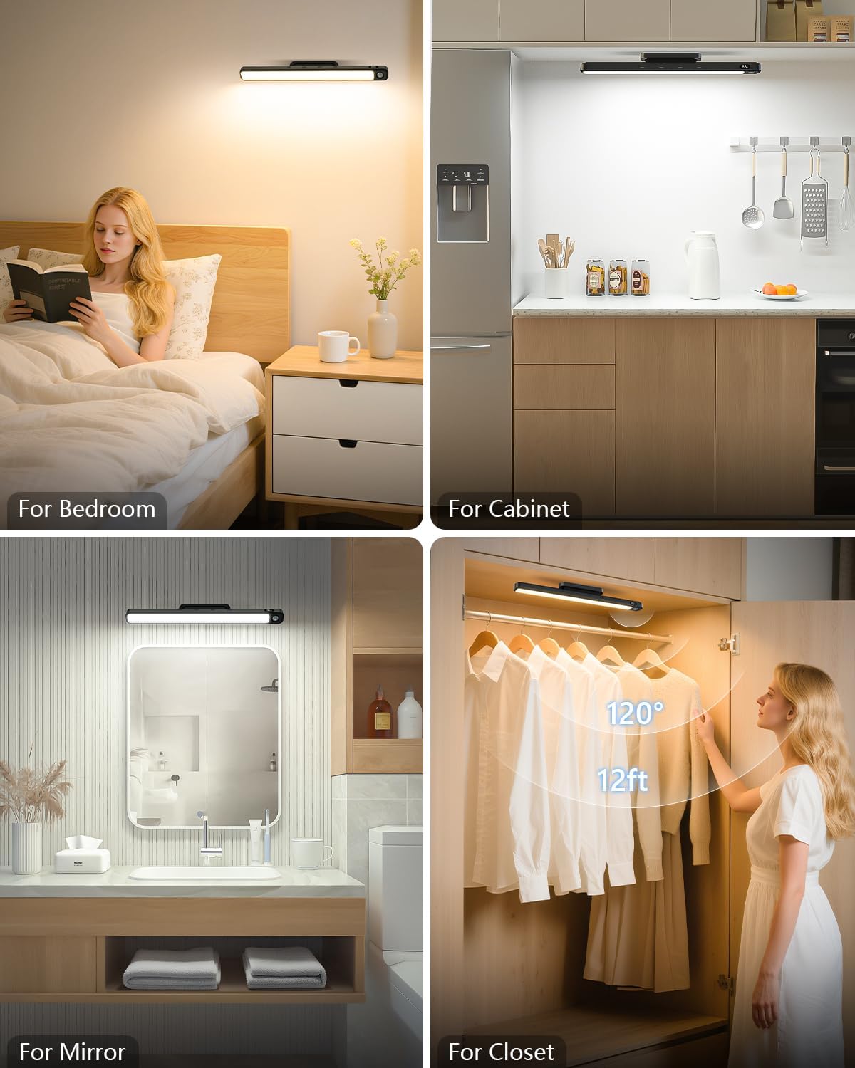 Ferswe 5W Motion Sensor Magnetic Light Bar, 2500mAh Rechargeable Under Cabinet Lighting with Battery Display, Eye-Friendly Mirror Lights, LED Light Bar for Cabinet, Closet, Bathroom and Desk