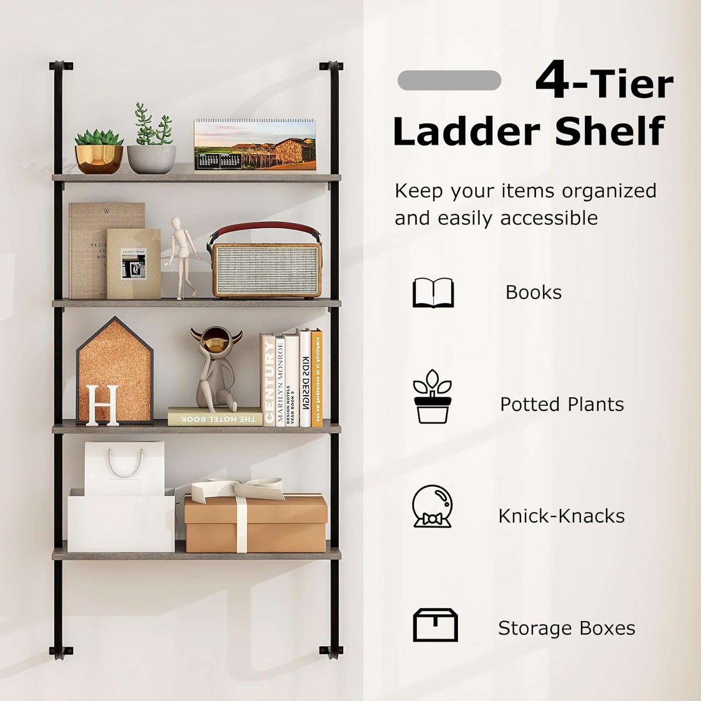 Giantex 4-Tier Industrial Bookshelf, Wall Mounted Pipe Shelving Unit, Floating Shelves with Metal Frame, Hanging Wall Display Shelf, Wood Ladder Bookshelf for Living Room, Kitchen,Gray Oak