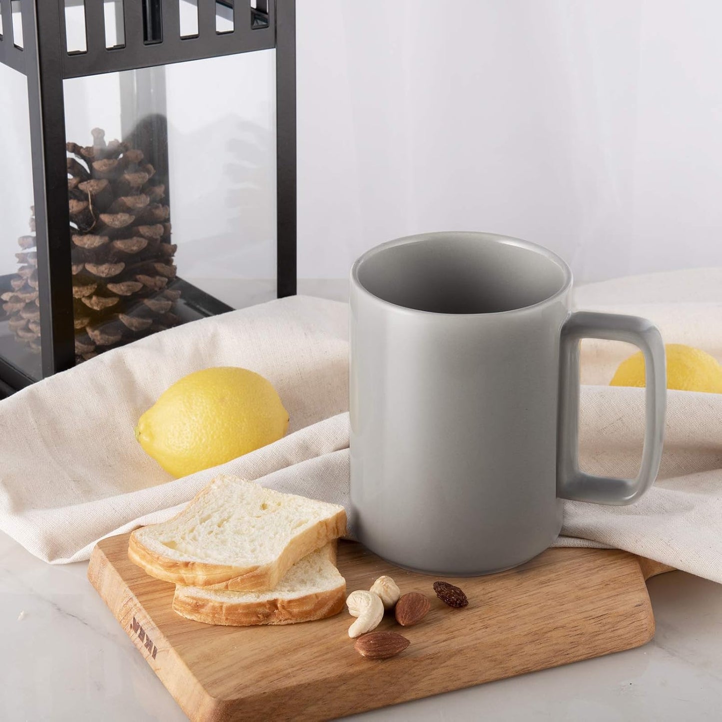 E-liu Porcelain Tea Mugs Coffee Mug Set, Large 15 Ounces Cups for Coffee, Tea, Cocoa, and Mulled Drinks, Set of 6, Grey