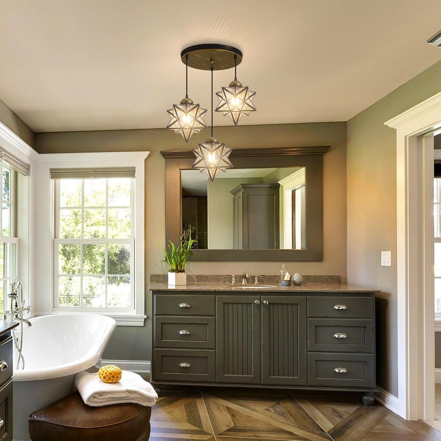 Glass Glam Chandelier Star Pendants Light Fixture Modern Elegant Ceiling Hanging Lights Included LED Warm Light Bulbs Oiled Bronze