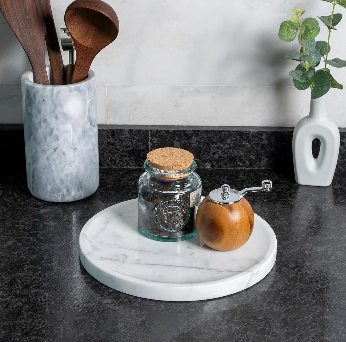 Natural Marble Round Tray - Luxury Decorative Serving Tray for Coffee Table, Bathroom Vanity, Dresser & Kitchen Countertop - Stone Organizer for Jewelry, Perfume, Candle, Home Decor -Arabescato