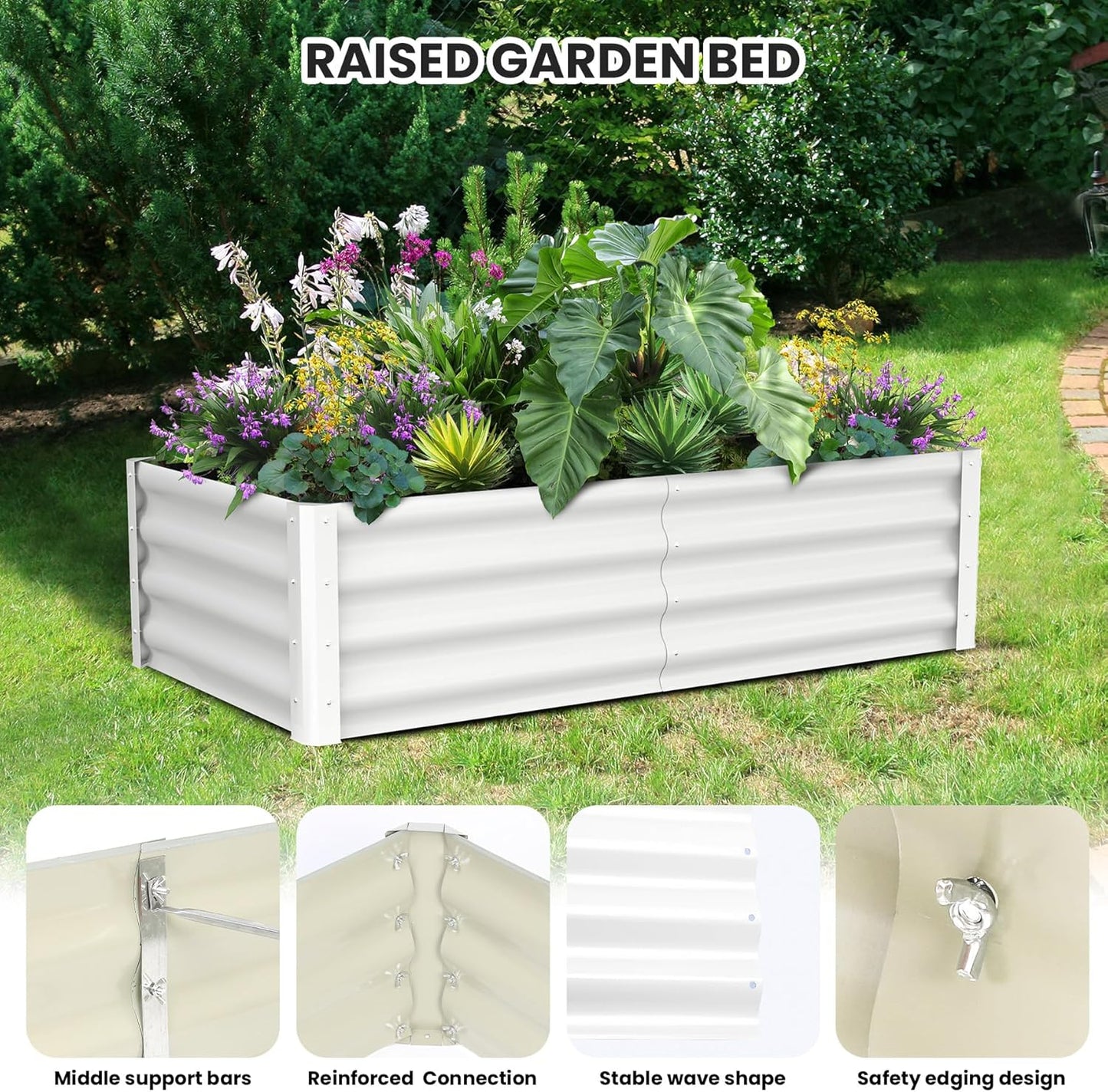 Galvanized Raised Garden Bed Outdoor, 2 Pcs 6x3x1FT Outdoor Large Planter Raised Beds Open Base with Safety Edge and Glove for Vegetables Flowers Ground Planter, White