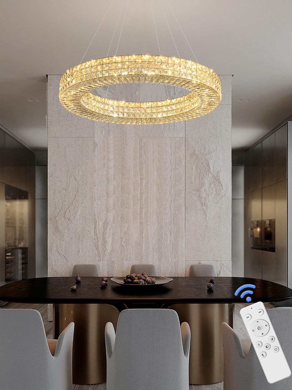 Dia 32" Ring Crystal Chandelier Modern Gold Chandelier Adjustable Height Luxury Crystal Pendant Ceiling Light Fixture for Dining Living Room Bedroom