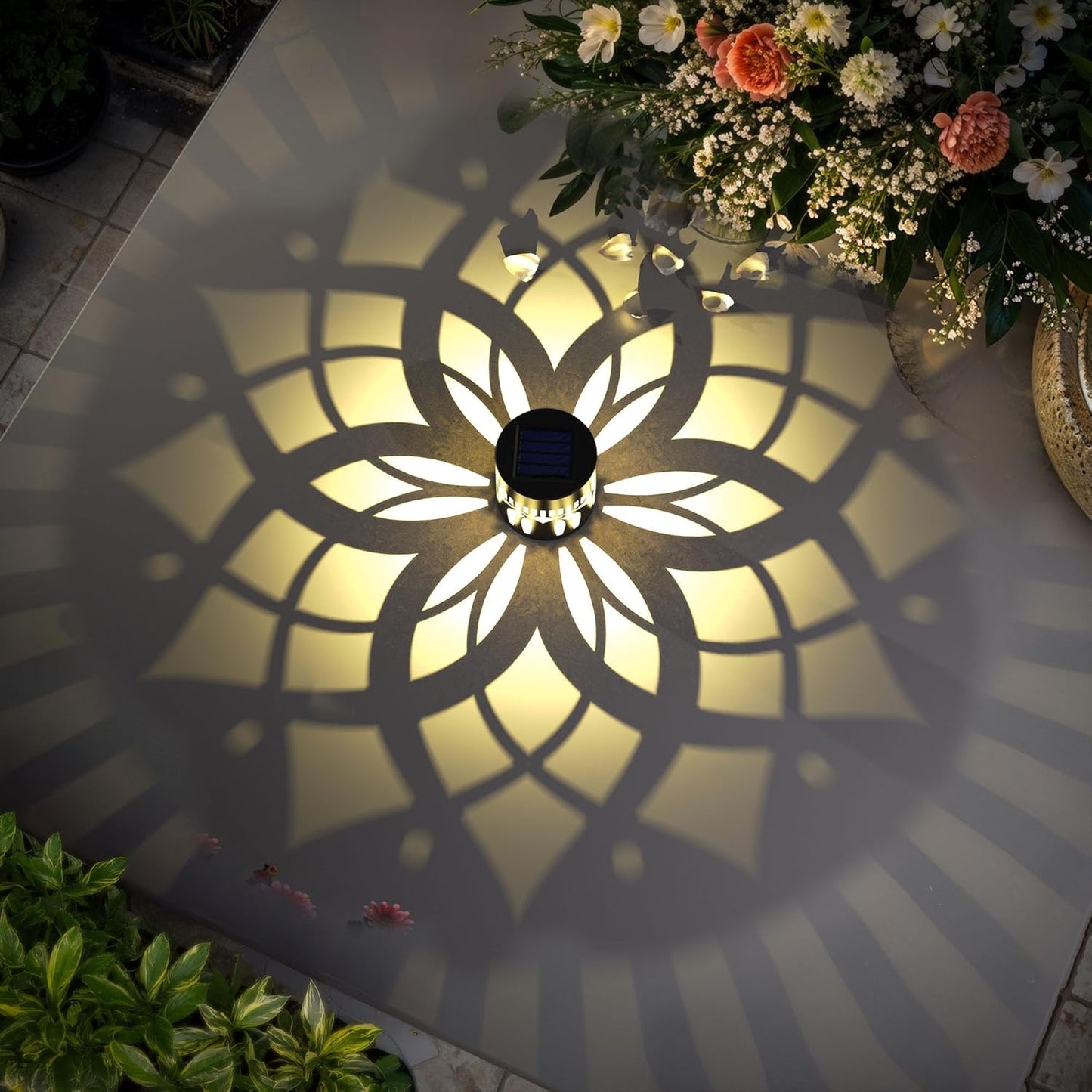 2 Pack Solar Fence Lights Metal Solar Powered Outdoor Wall Deck Step Lights Mandala Theme Waterproof Fence Light for Garden Post Patio Backyard Yard Decor, Gardening Gifts for Women Mom Grandma