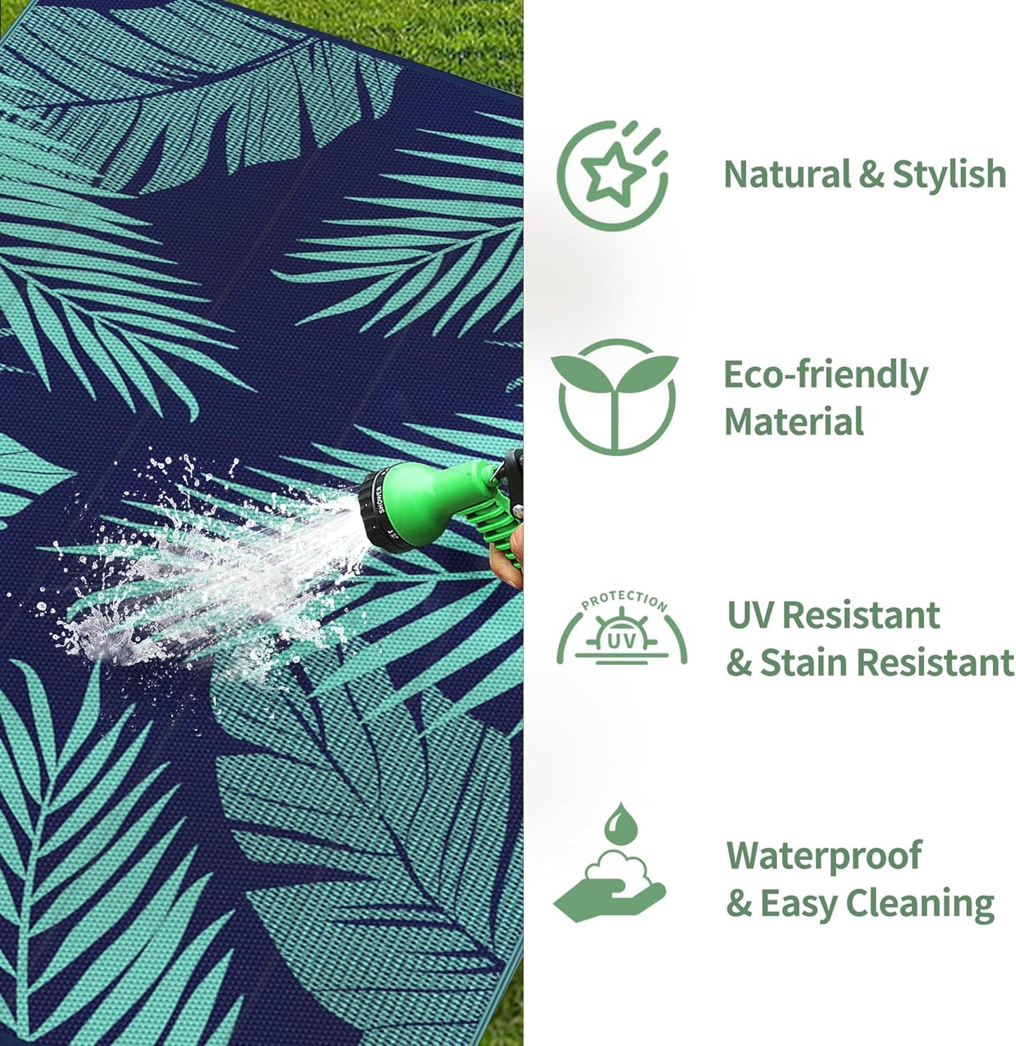 GENIMO Outdoor Rug 6' x 9' Waterproof for Patios Clearance, Reversible Outdoor Plastic Straw Camping Rug Carpet, Large Area Rugs Mats for RV, Camper, Deck, Balcony, Porch, Beach, Navy Blue&Jade Green