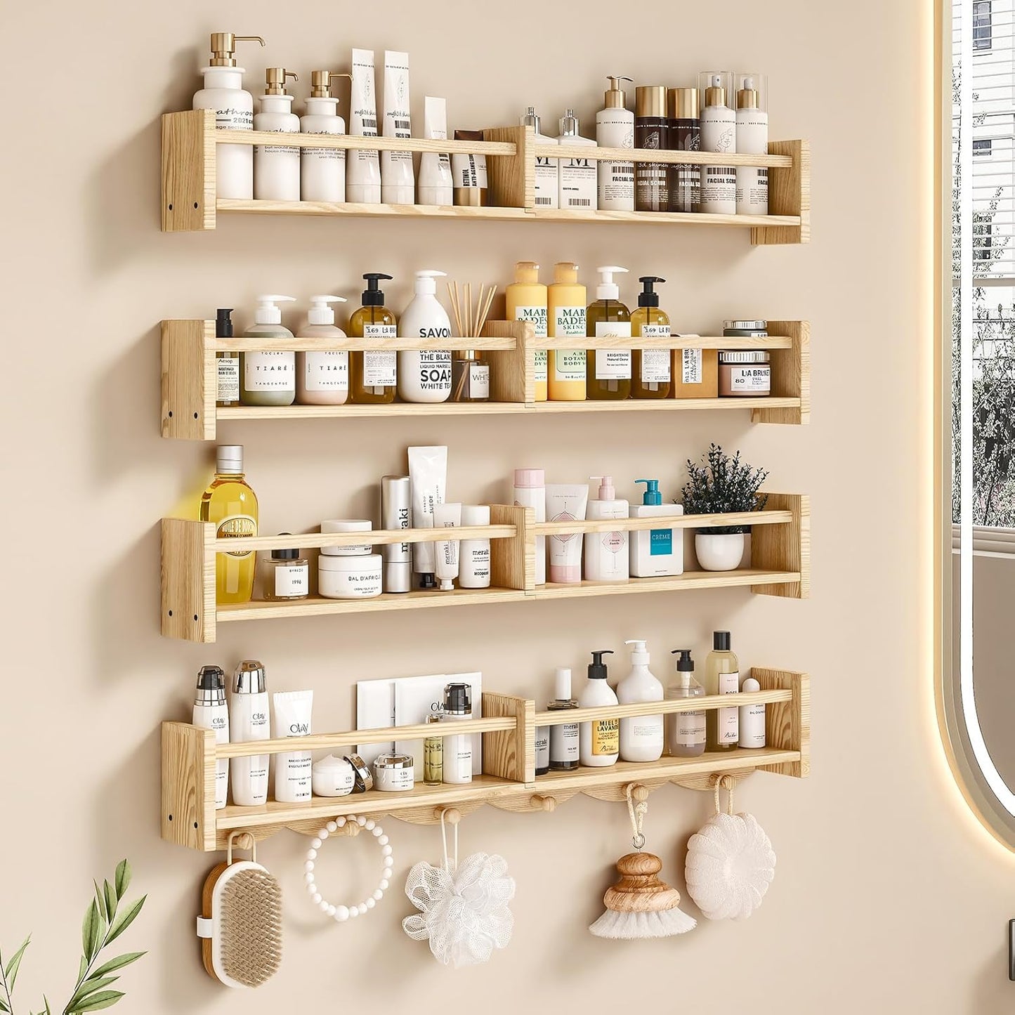 34Inch Nursery Bookshelves,Set of 4,Wall Floating Shelf Kids Coat Rack with 6Hooks,Hanging Book Shelf for Baby Nursery Room Décor, Patent Number: 29958098(Burlywood, 34)