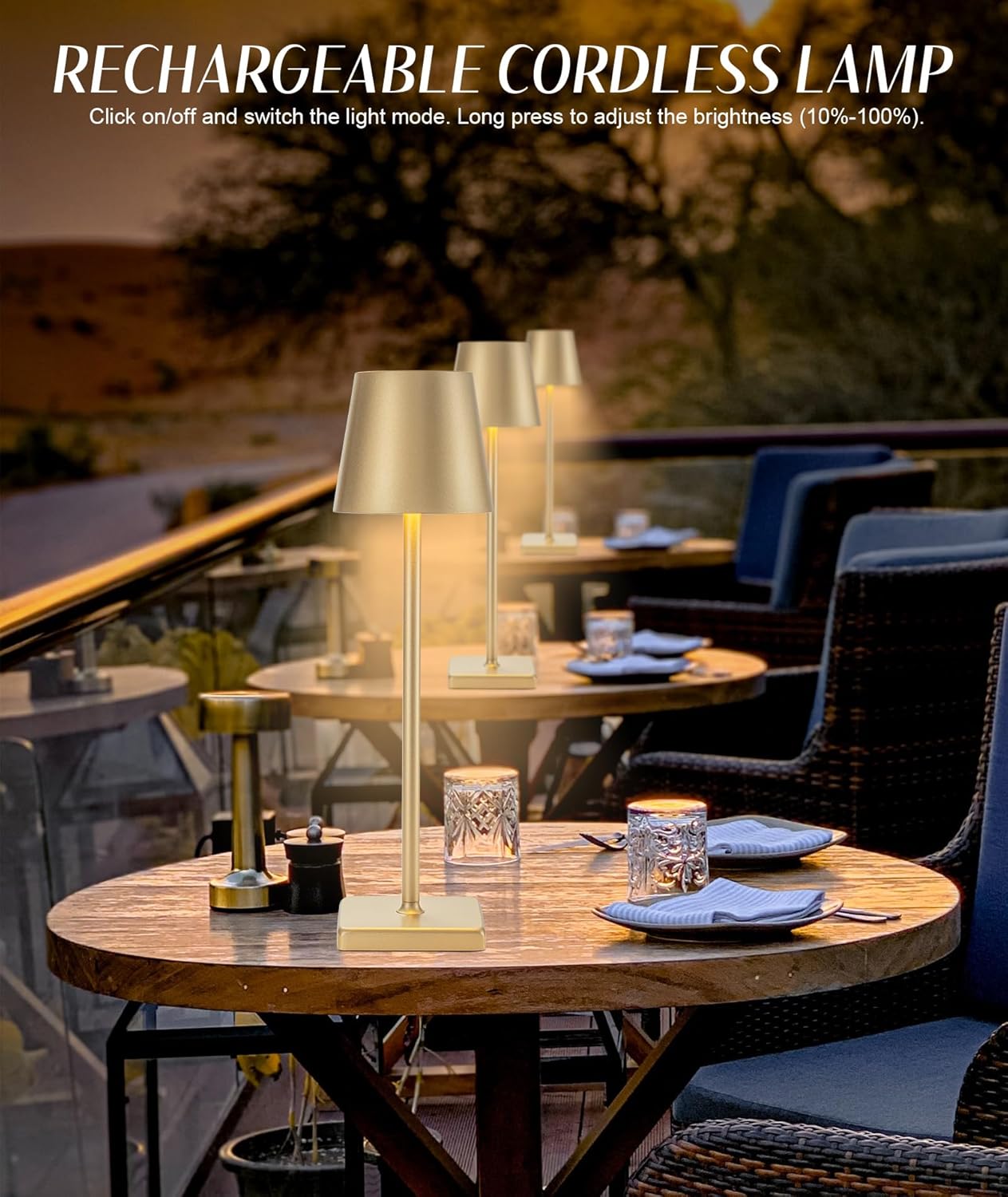 HASUN 2 Pack Rechargeable Table Lamp, LED Cordless Desk Lamp, 5200mAh Battery Operated Table Light, Aluminum Shell, 3 Color Stepless Dimming Up Waterproof for Coffee Table/Indoor/Outdoor (Gold)