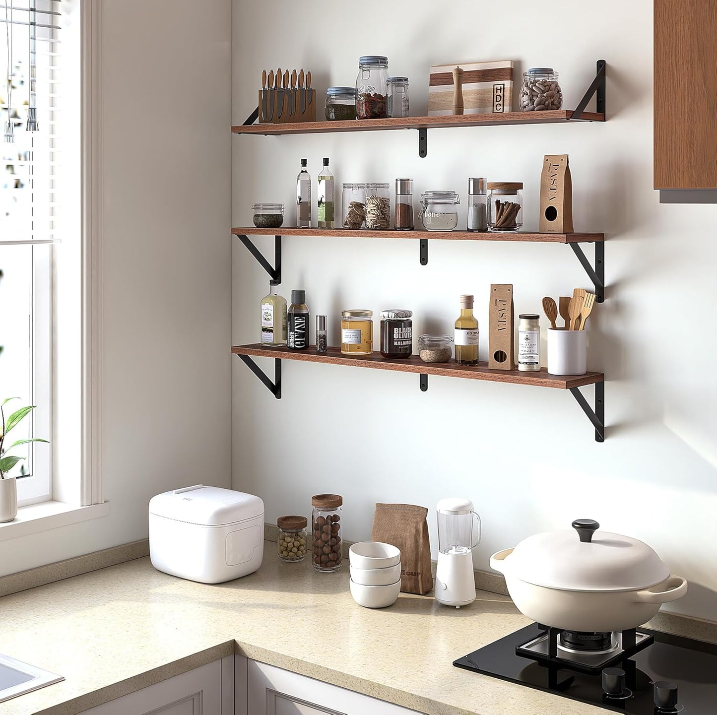 Heimlove Floating Shelves for Wall, 36 Inch Long Wood Floating Bookshelf Set of 3, Wall Mounted Hanging Shelf for Bathroom Bedroom Kitchen, Walnut