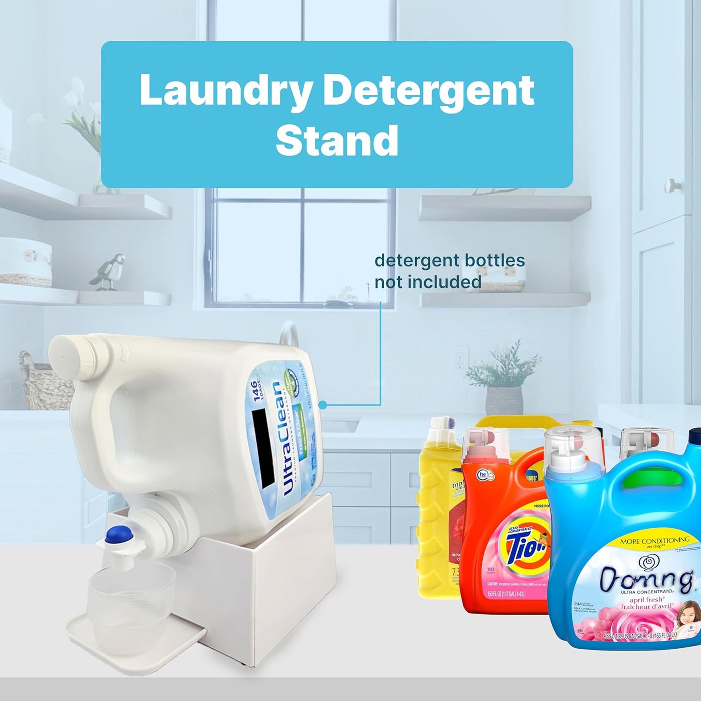 TidyFriend No-Spill Liquid Laundry Detergent Dispenser Holder, Laundry Soap Dispenser Holder with Drip Tray for Laundry Room Organization, Angled Downward Slope for Easy Pouring (No Strap, Ivory)