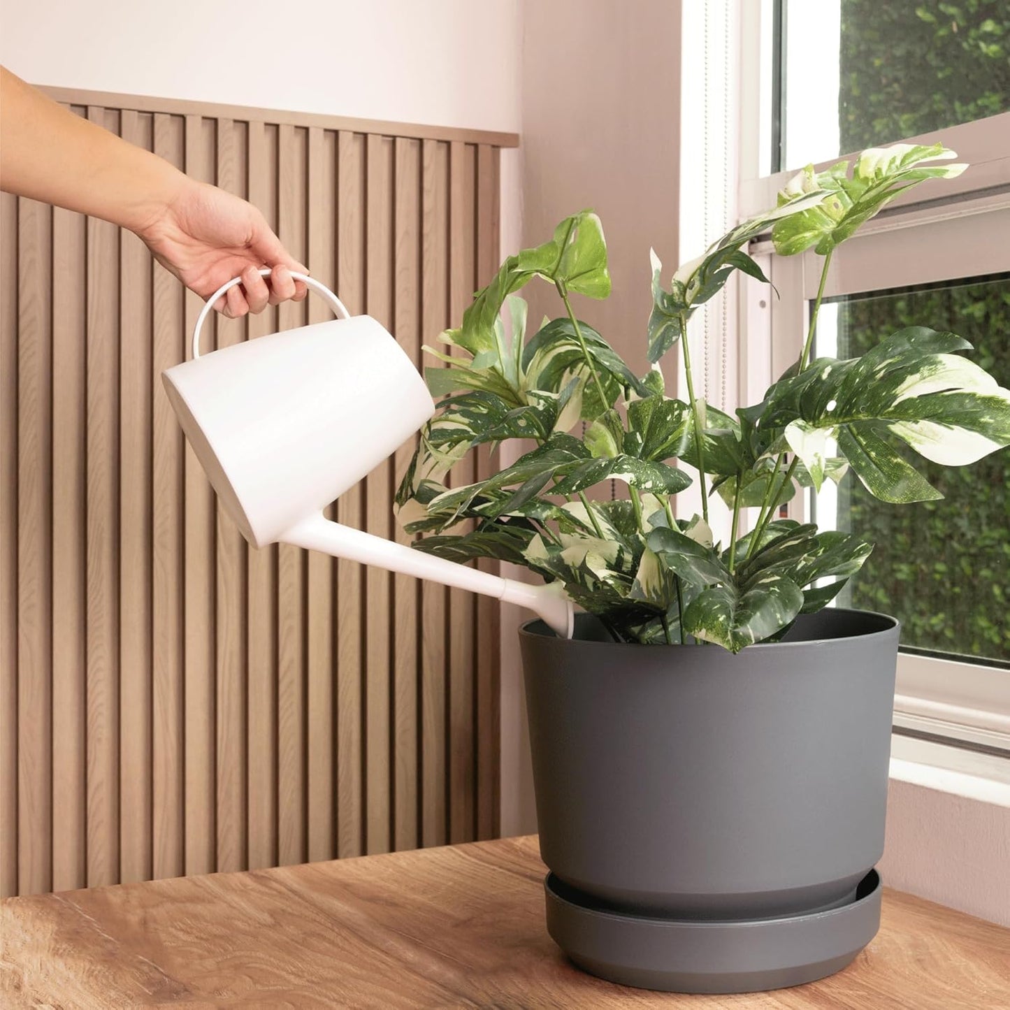 Elly Décor 10 inch Plastic Cylinder Planter Pot with Self-Watering Saucer and Drainage Hole,Lightweight & Extremely Durable, 10"x 10", Light Gray